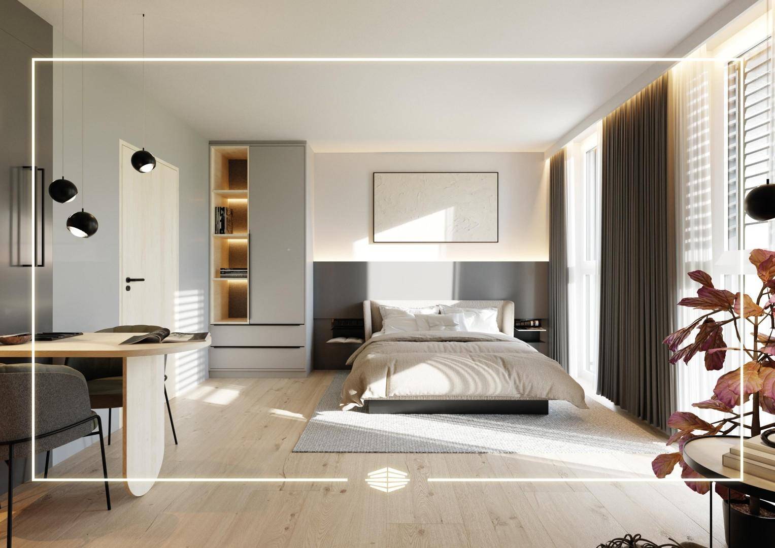 Helles Schlafzimmer mit modernem Design, Holzboden und integriertem Schrank.