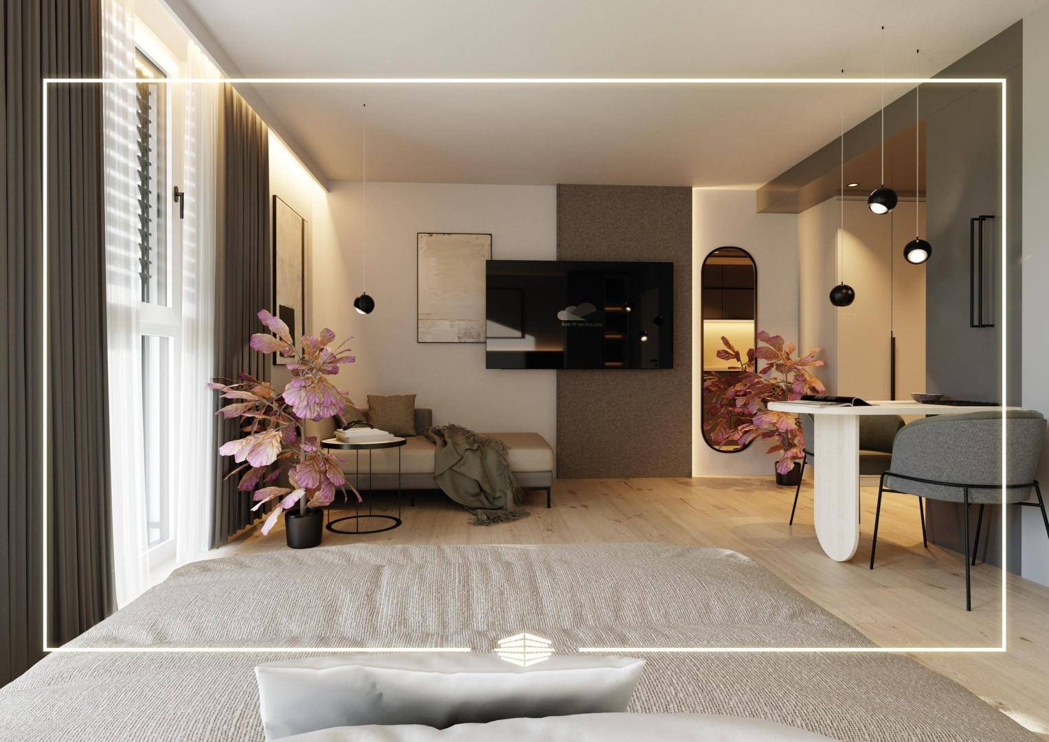 Moderner Wohnbereich mit Sofa, Fernseher und stilvoller Dekoration.