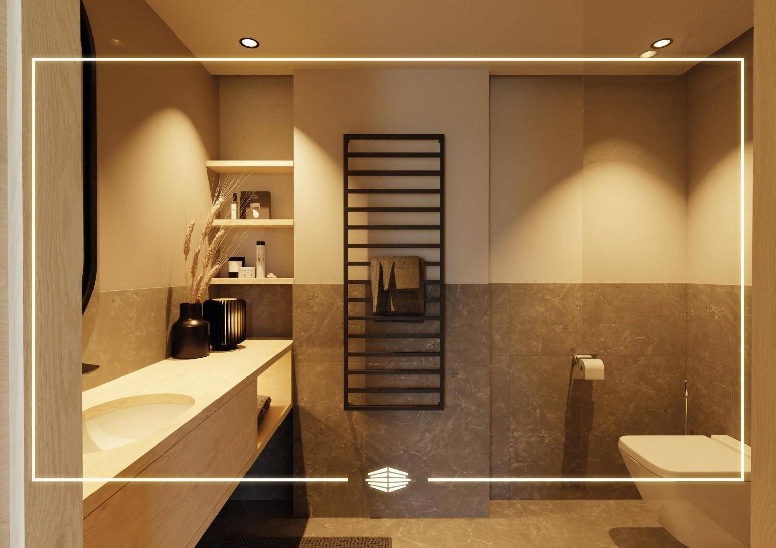 Modernes Badezimmer mit großformatigen Fliesen, Waschtisch und beheiztem Handtuchhalter.