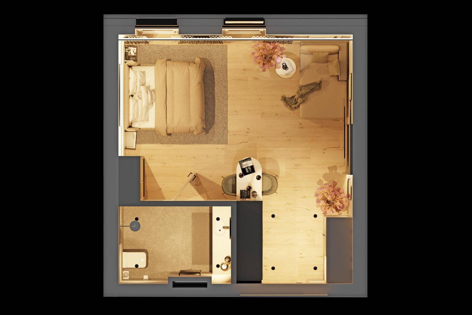 Grundriss einer modernen Studio-Wohnung mit Schlafbereich, Wohnbereich und separatem Badezimmer.