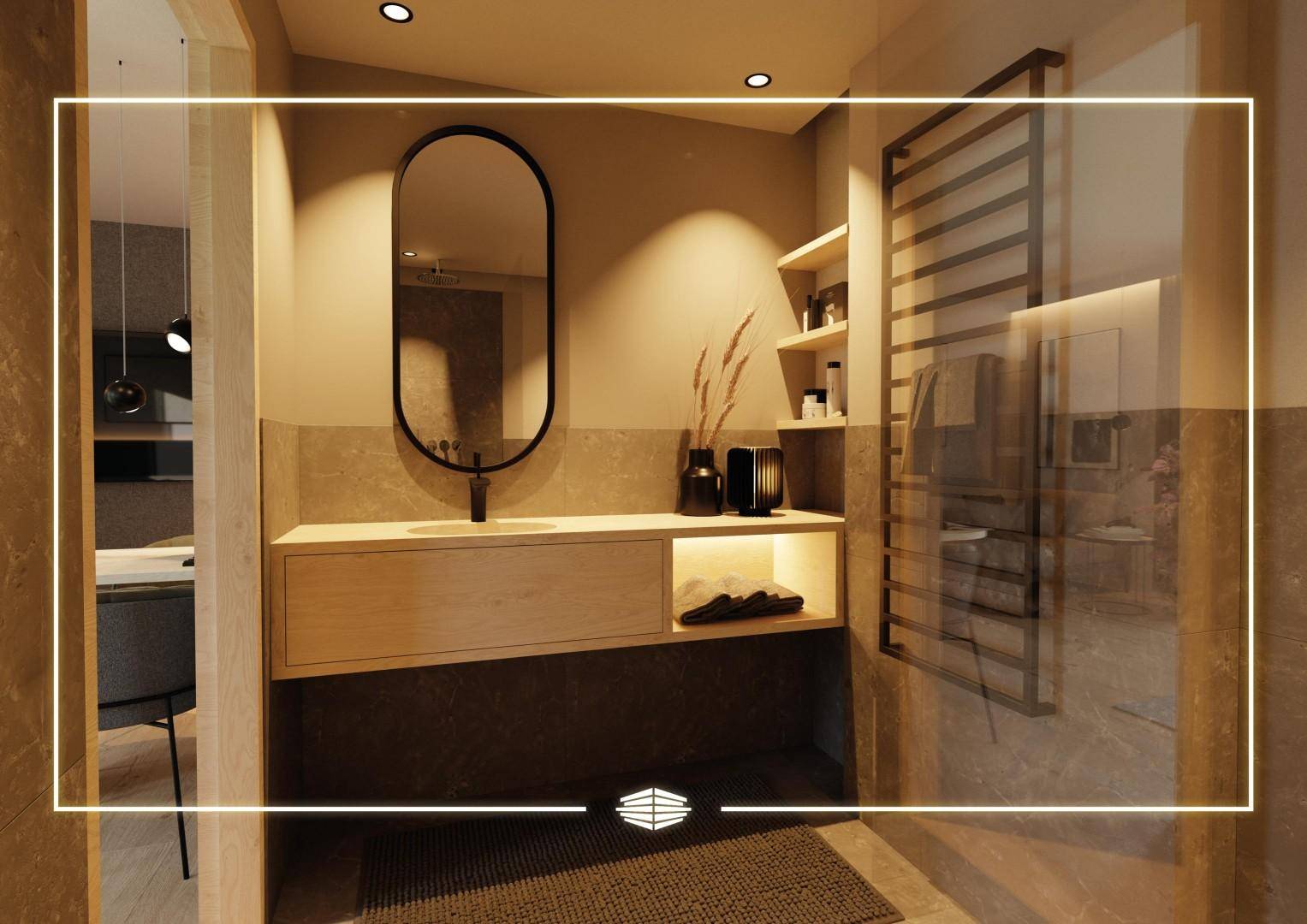 Modernes Badezimmer mit elegantem Waschtisch, ovalem Spiegel und beheiztem Handtuchhalter.