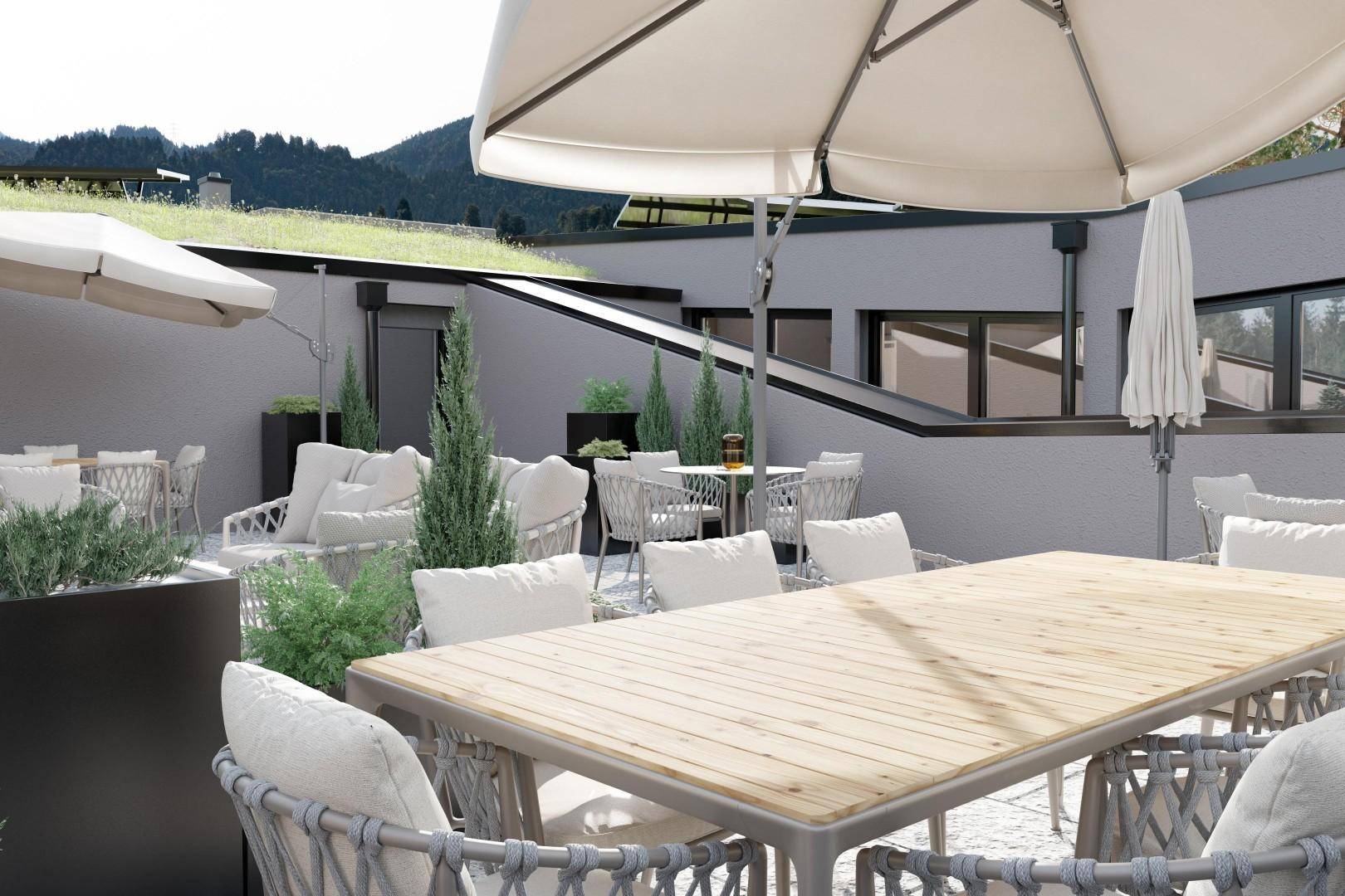 Große Dachterrasse mit modernen Gartenmöbeln und Sonnenschirmen.