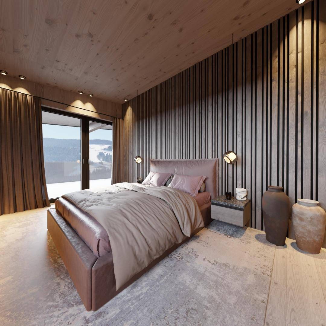Elegantes Schlafzimmer mit großen Fenstern, Holzwänden und Decke, sowie einem bequemen Doppelbett.