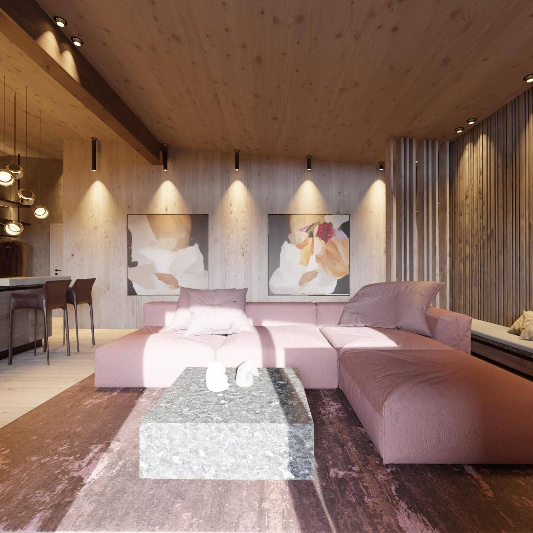 Heller Wohnbereich mit großem Ecksofa, modernem Couchtisch und Kunstwerken an der Holzwand.