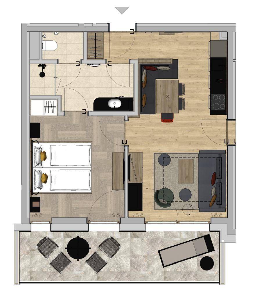Grundriss einer Wohnung mit offenem Wohnbereich, Schlafzimmer und großer Terrasse.