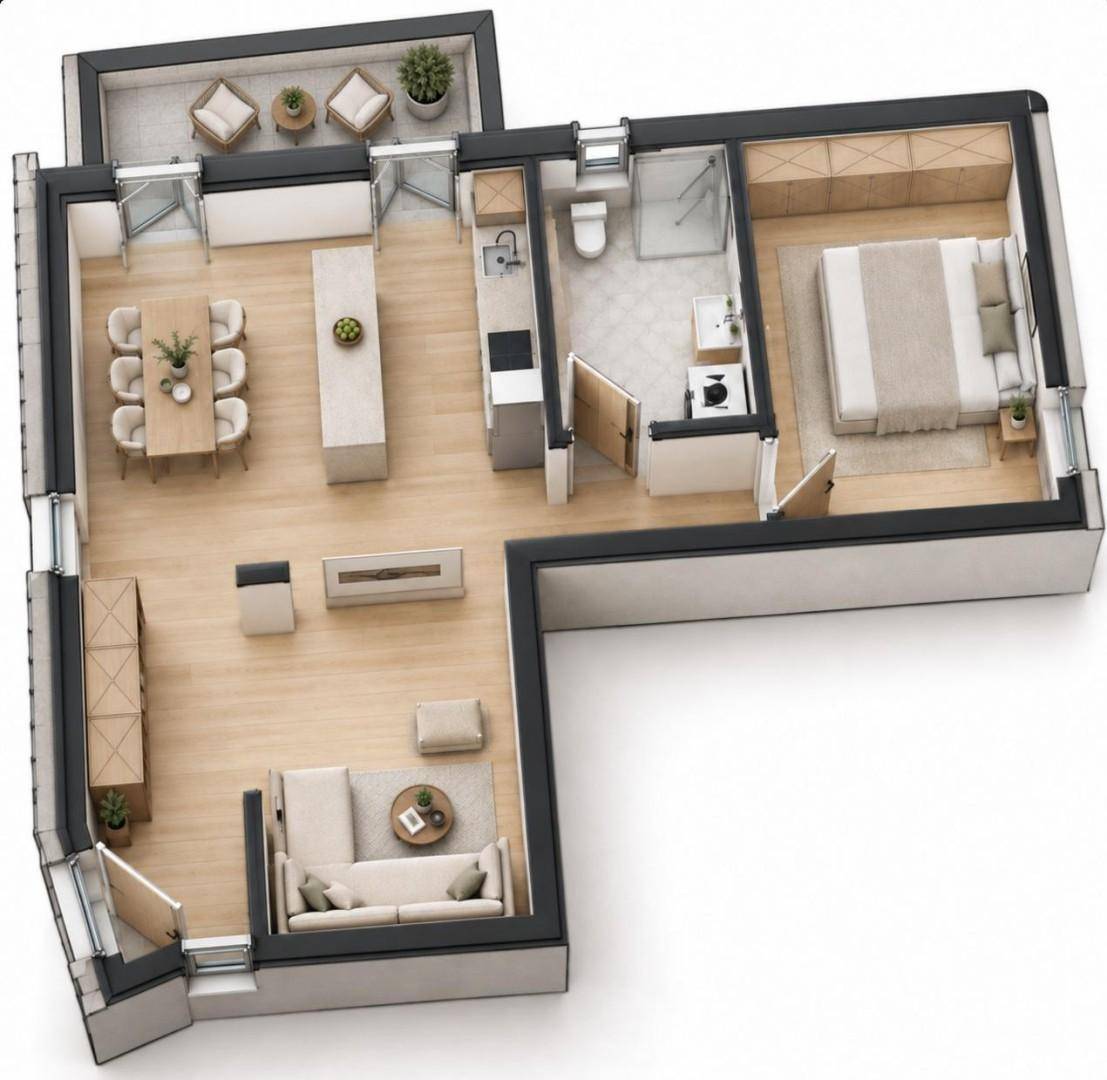 Kompakter Grundriss mit offenem Wohn-Essbereich, Schlafzimmer, Bad und Balkon.
