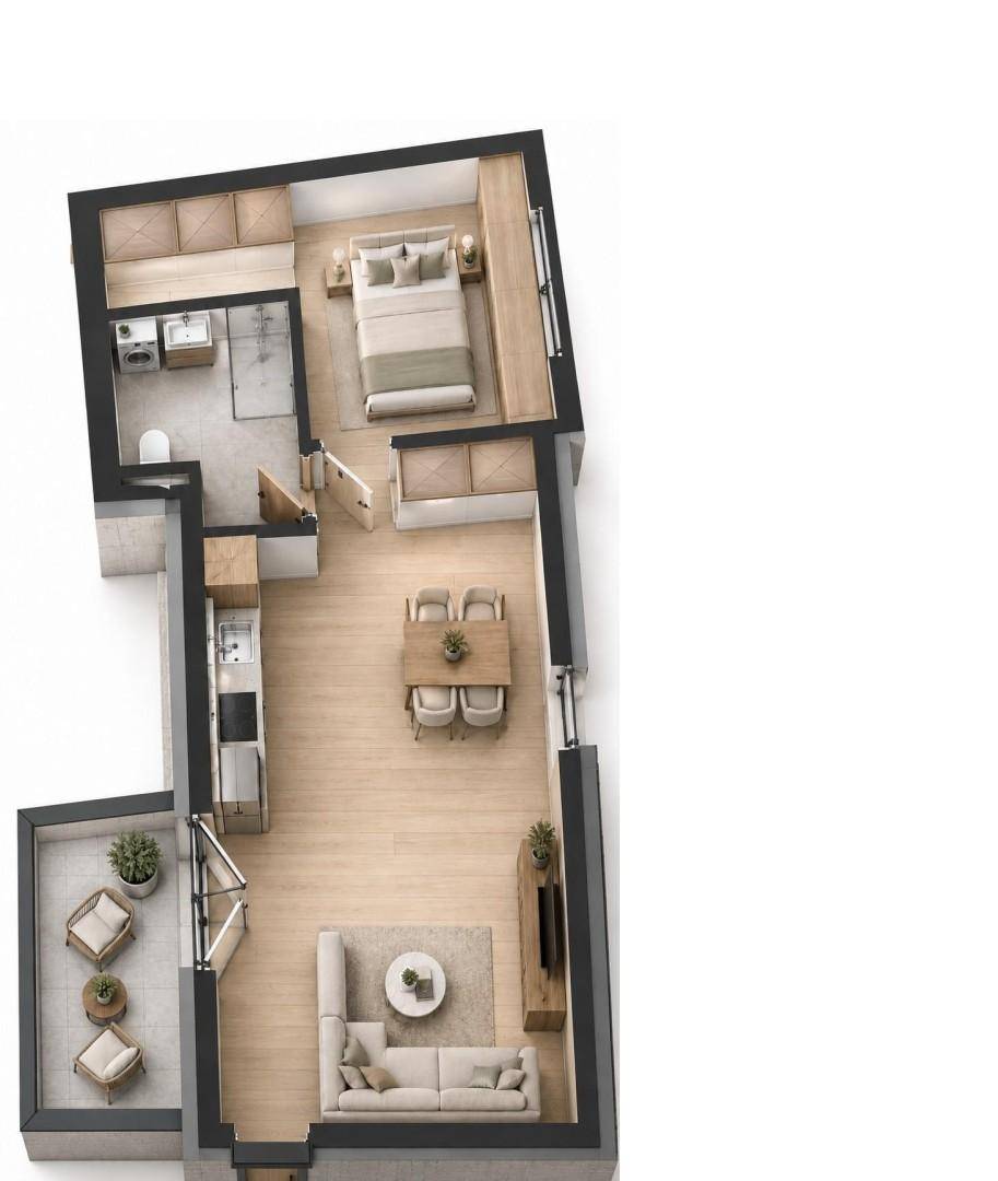 Schmaler Grundriss mit offenem Wohnbereich, Schlafzimmer, Bad und Balkon.