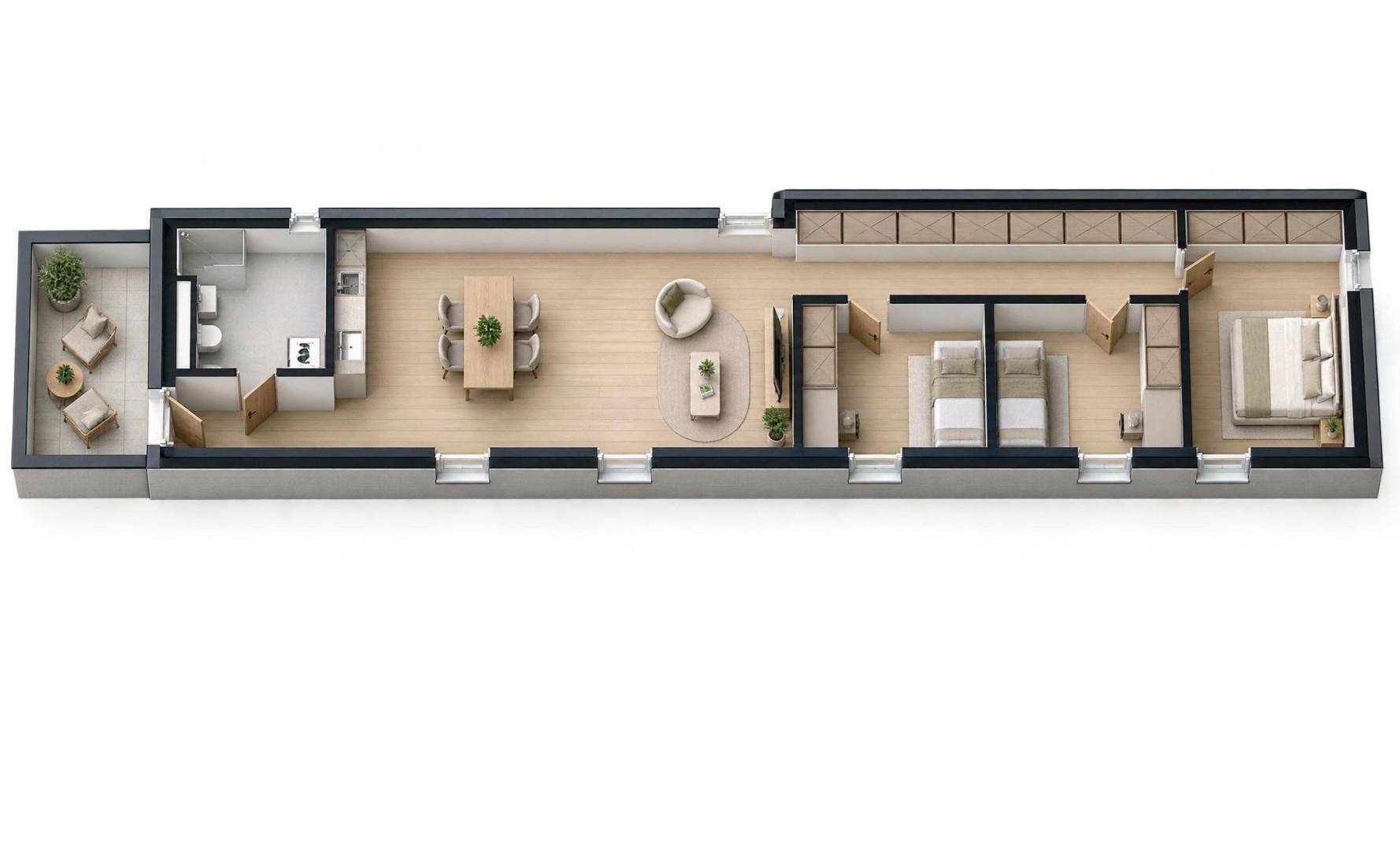 Langer Grundriss mit offenem Wohnbereich, mehreren Schlafzimmern, Bädern und Balkonzugang.