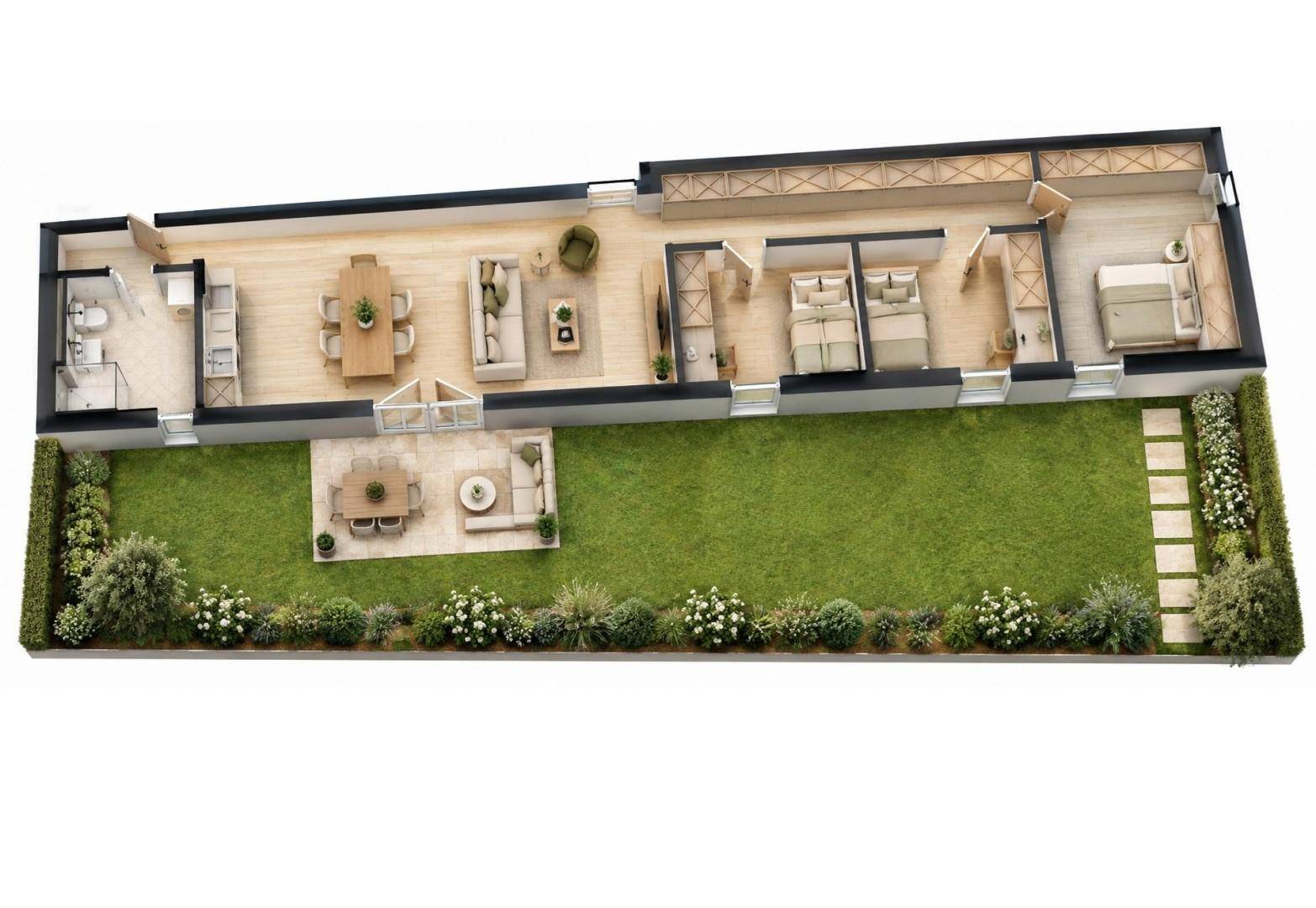 Grundriss mit offenem Wohnbereich, mehreren Schlafzimmern, Bädern und Zugang zu Terrasse und Garten.