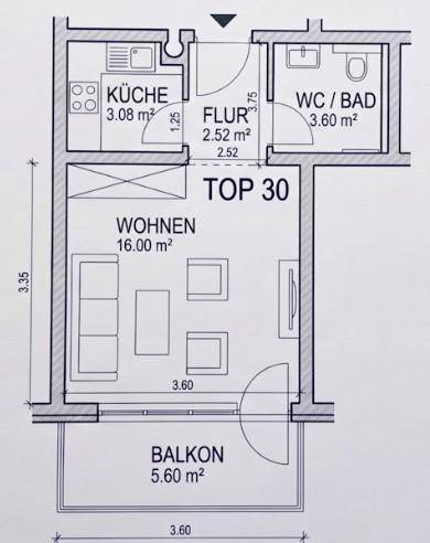 Grundriss einer kleinen Wohnung mit separater Küche, Bad, Wohnbereich und Balkon.