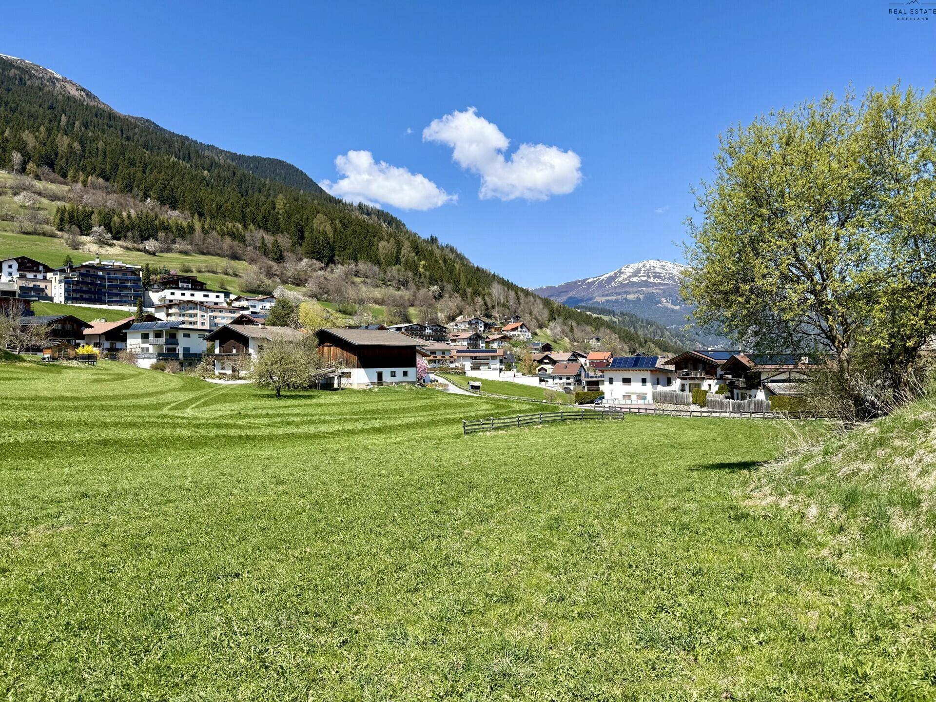 Panoramablick über saftige grüne Felder auf ein malerisches Dorf und schneebedeckte Berggipfel unter strahlend blauem Himmel.