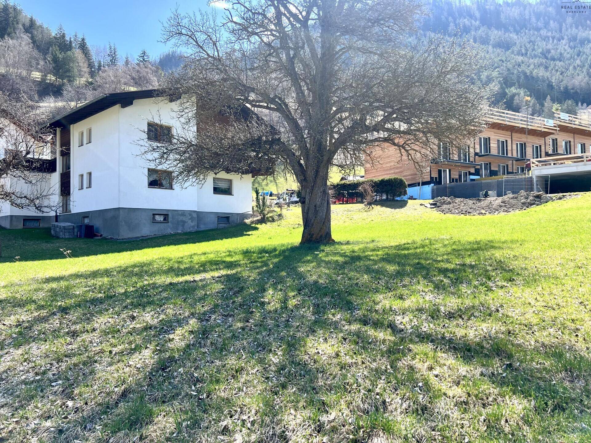 Grüne Wiese mit markantem Baum, umgeben von einem Wohnhaus und einem Neubauprojekt in den Bergen.