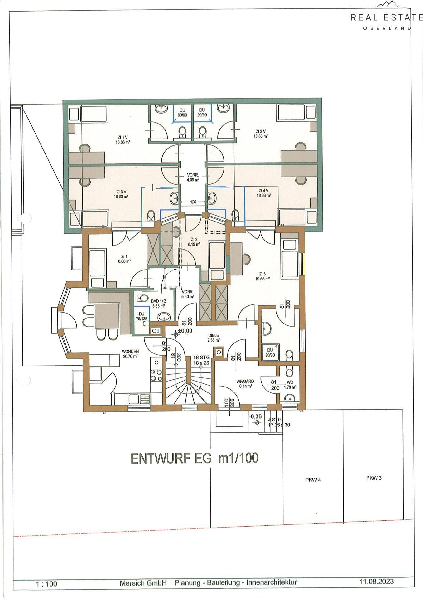 Grundriss des Erdgeschosses mit mehreren Zimmern und Bädern.