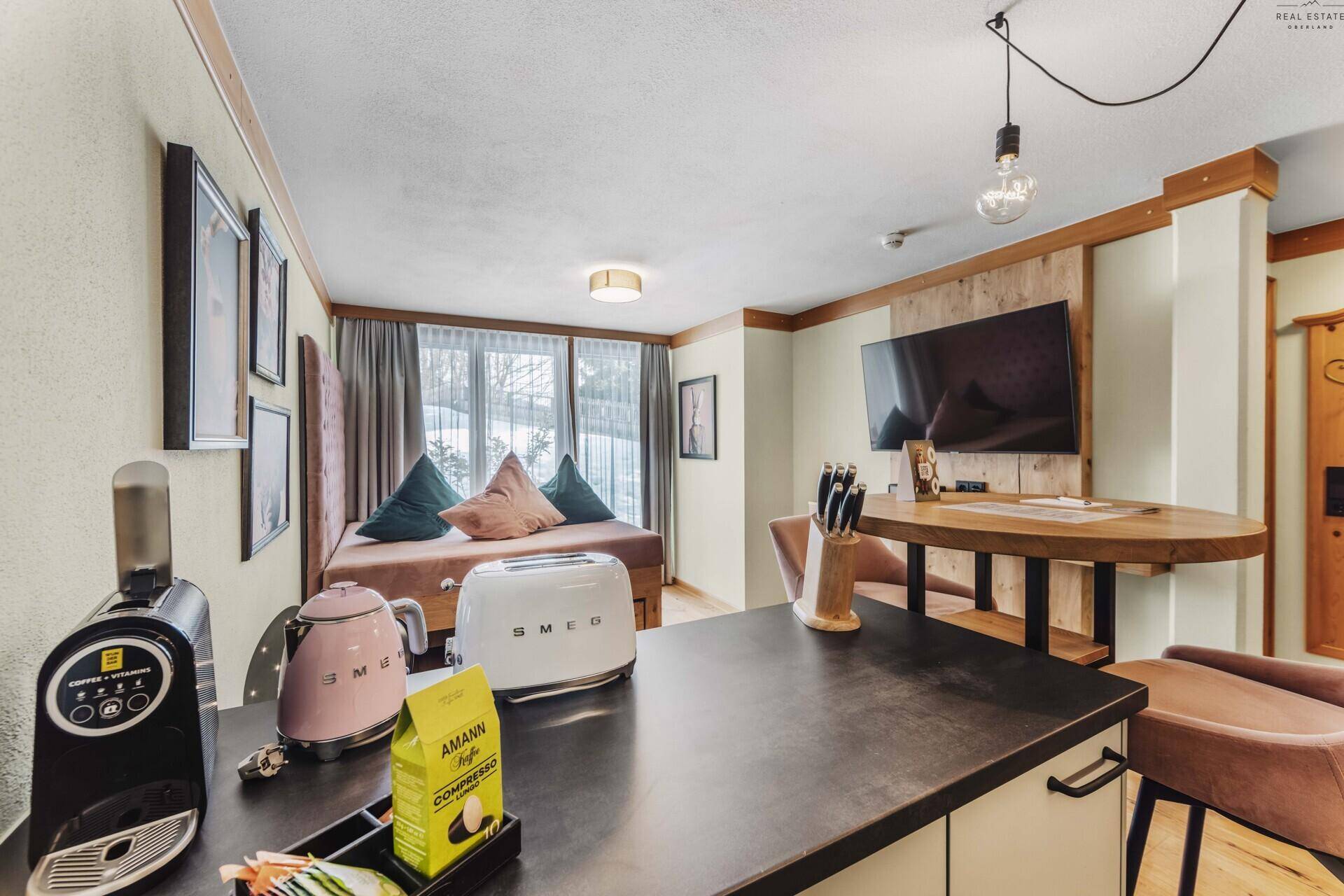 Modernes Studio-Apartment mit kleiner Küchenzeile, Schlafsofa und Fernseher.