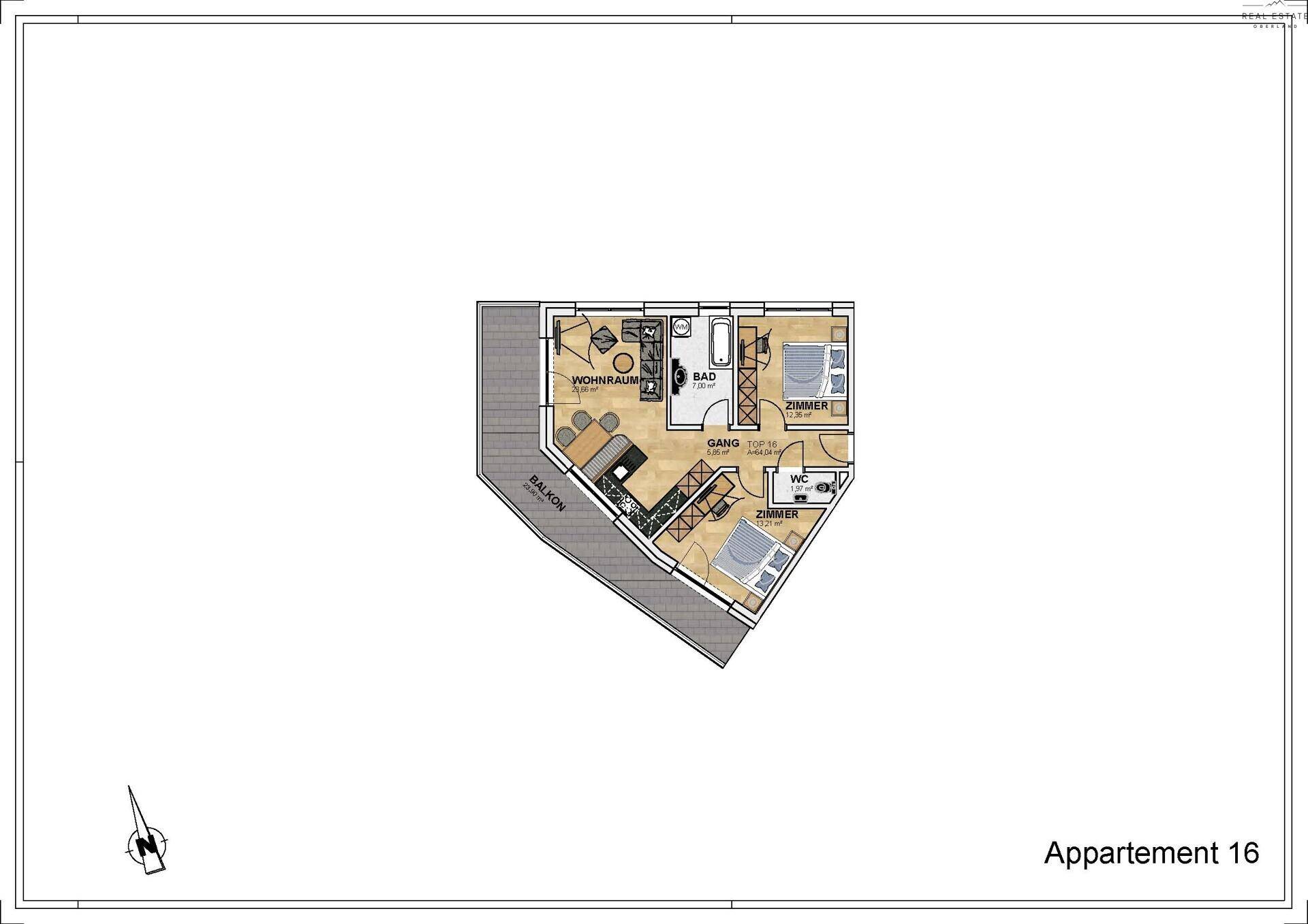 Grundriss von Appartement 16 mit offenem Wohnbereich, zwei Schlafzimmern, Bad, WC und Balkon.