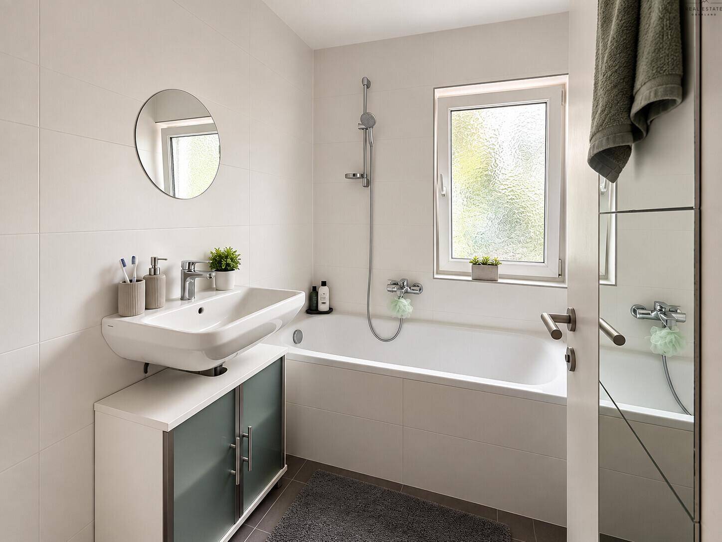 Helles Badezimmer mit Badewanne, Einzelwaschbecken und Fenster für Tageslicht.