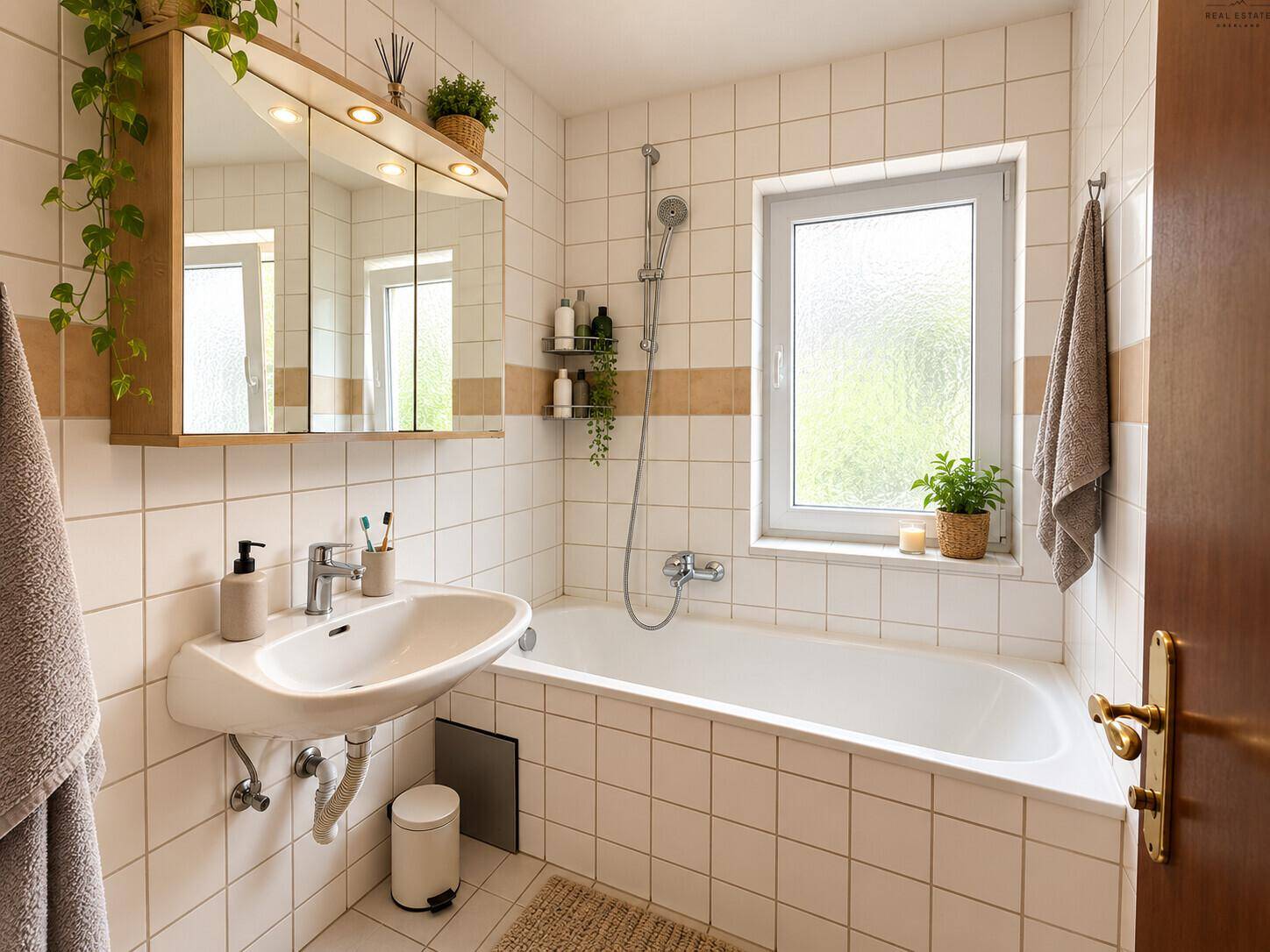 Badezimmer mit Badewanne, Waschbecken, Spiegelschrank und Fenster.
