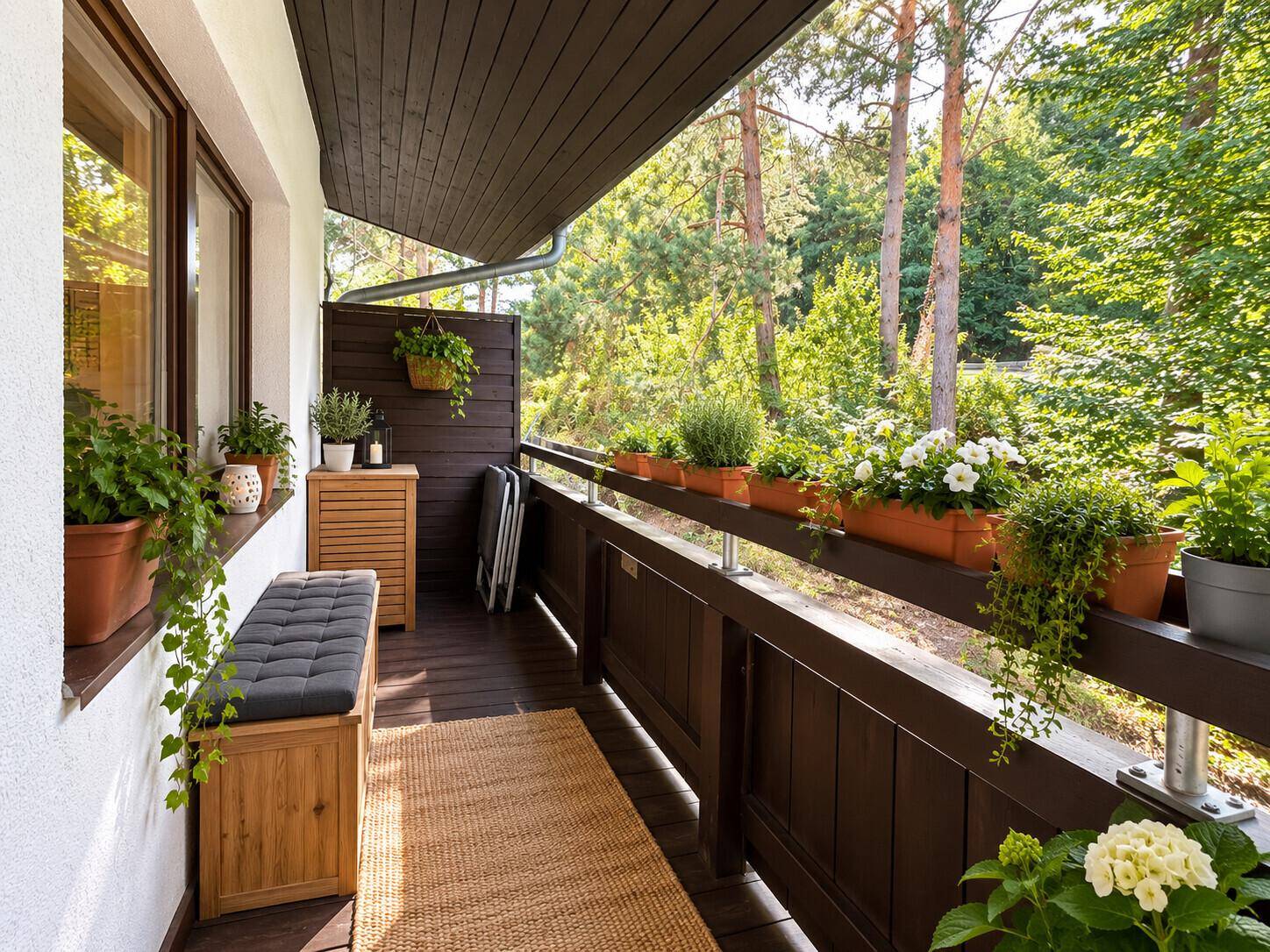 Gemütlicher Balkon mit Pflanzen, Holzboden und Blick ins Grüne.