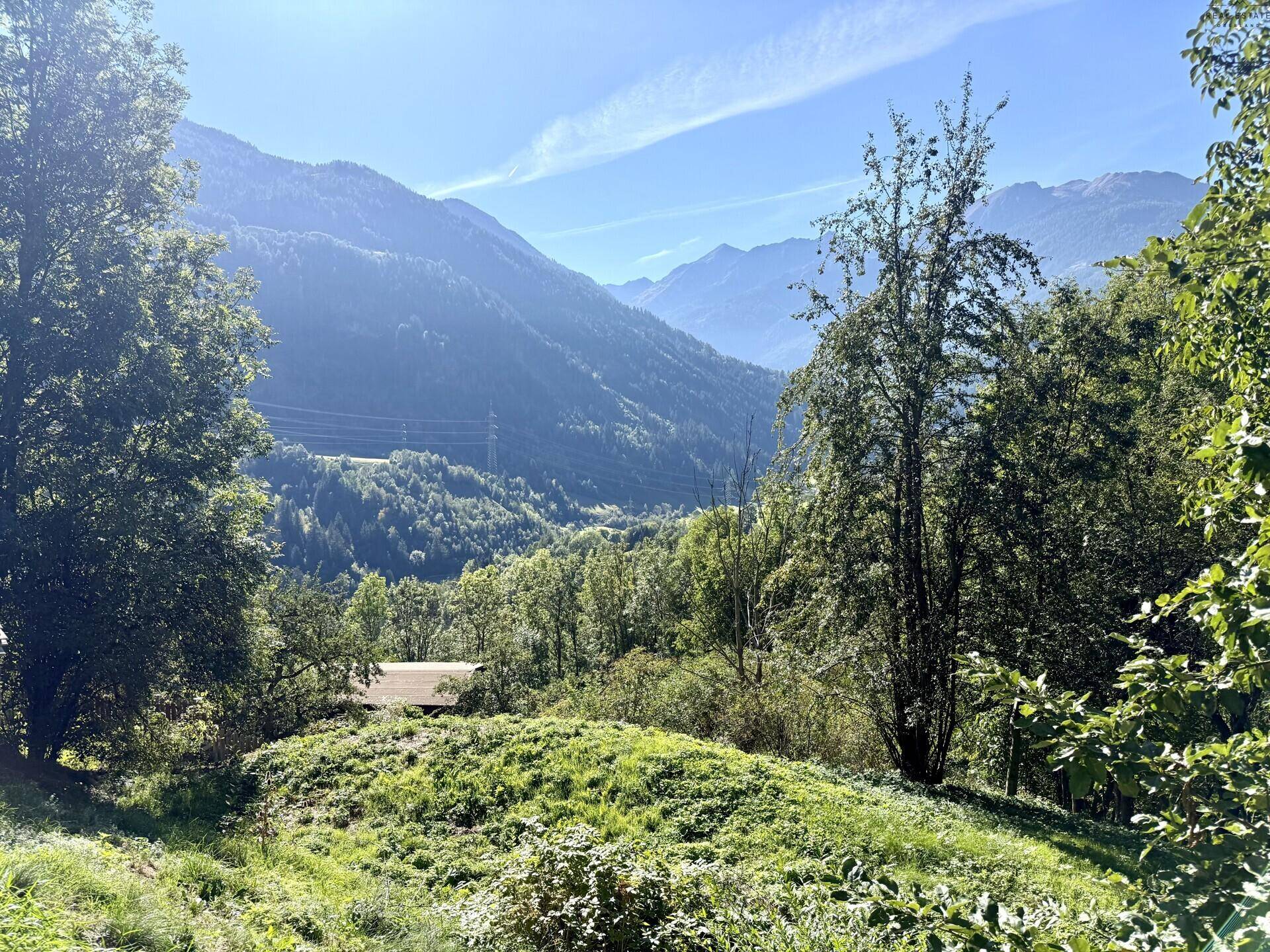 Panoramablick auf bewaldete Berge und ein sonniges Tal mit vereinzelten Häusern.