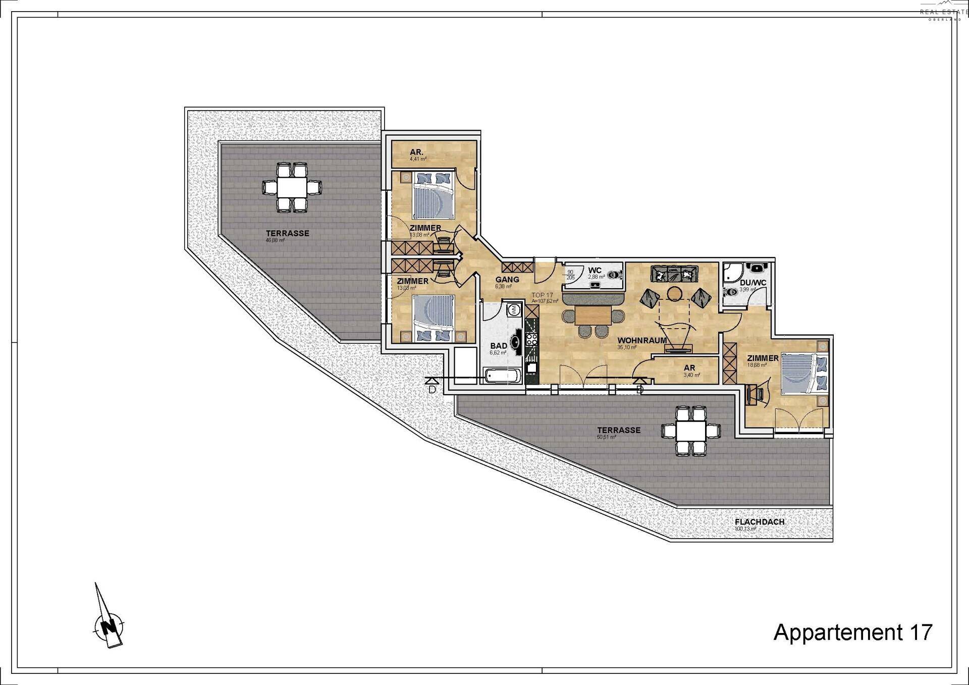 Grundriss der Wohnung mit Wohnraum, zwei Schlafzimmern, Bad, WC und zwei Terrassen.