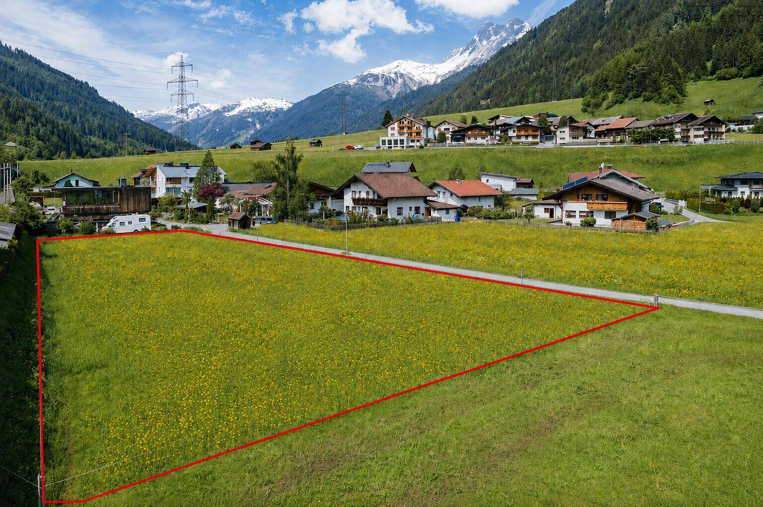 Luftaufnahme eines grünen Feldes mit gelben Blumen, umgeben von Häusern und Bergen.