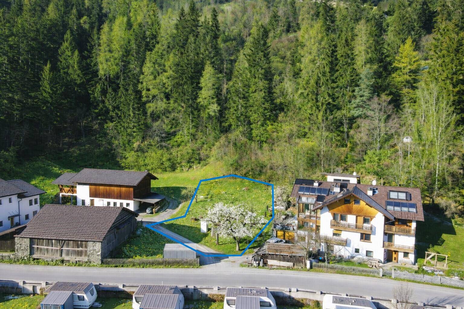 Luftaufnahme eines Grundstücks mit blauer Umrandung, umgeben von Häusern und Wald.