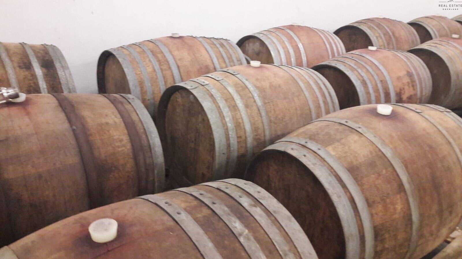 Reihen von traditionellen Holzweinfässern lagern in einem kühlen Kellerraum zur Reifung des Weins.