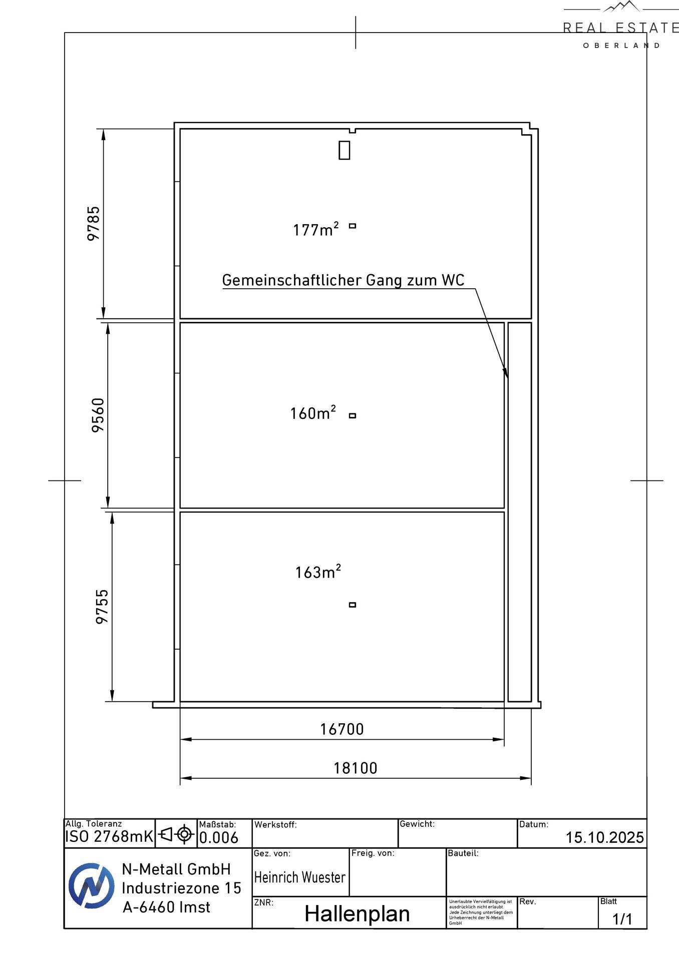 Grundrissplan einer Halle mit drei separaten Bereichen und detaillierten Flächenangaben in Quadratmetern.