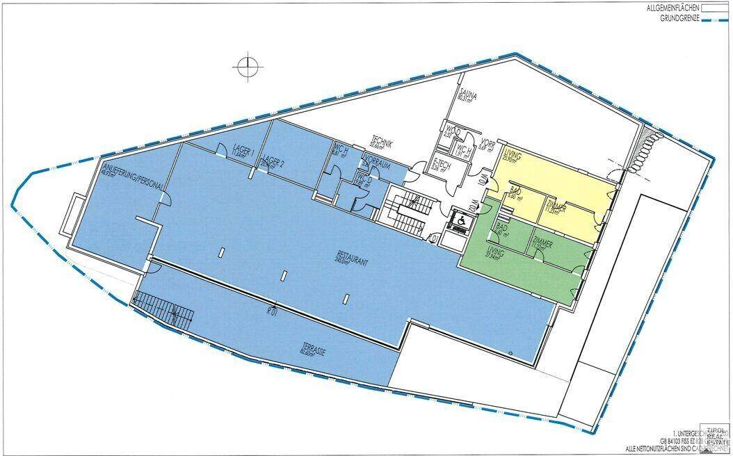 Grundrissplan zeigt ein Restaurant mit Lagerflächen, Technikräumen, WCs, Sauna, Bädern, Wohnbereichen und einer großen Terrasse im Untergeschoss.
