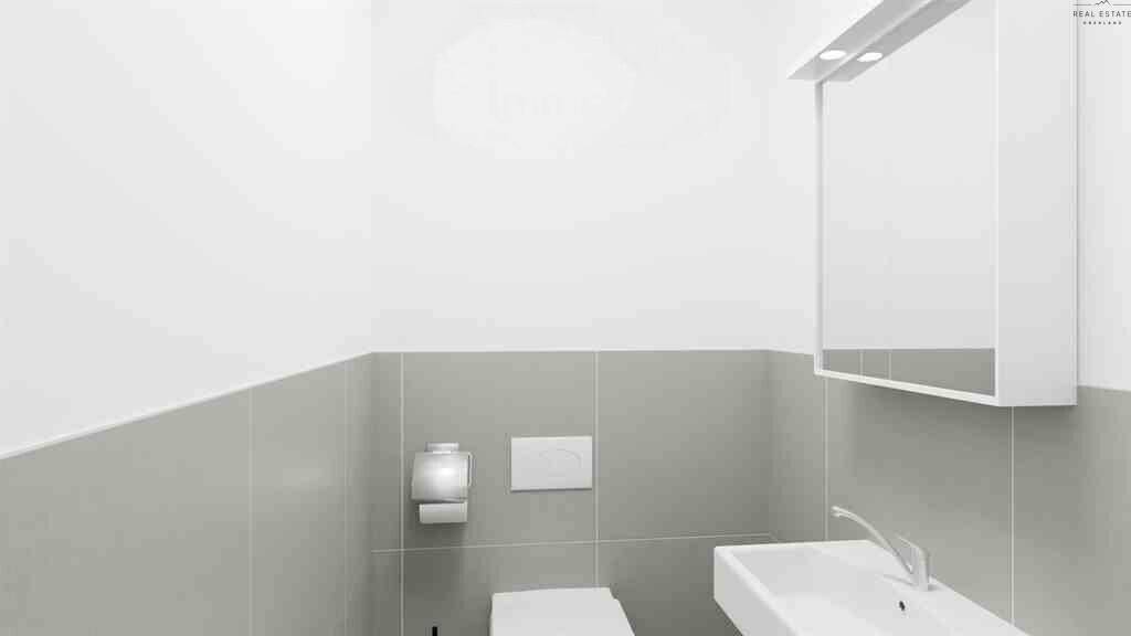 Separates WC mit Wand-WC, kleinem Waschbecken und Spiegelschrank.