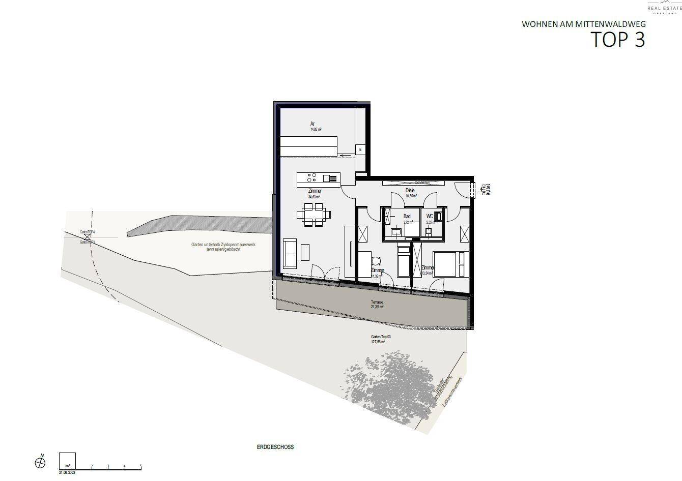 Grundriss der Wohnung Top 3 im Erdgeschoss mit Garten und Terrasse.