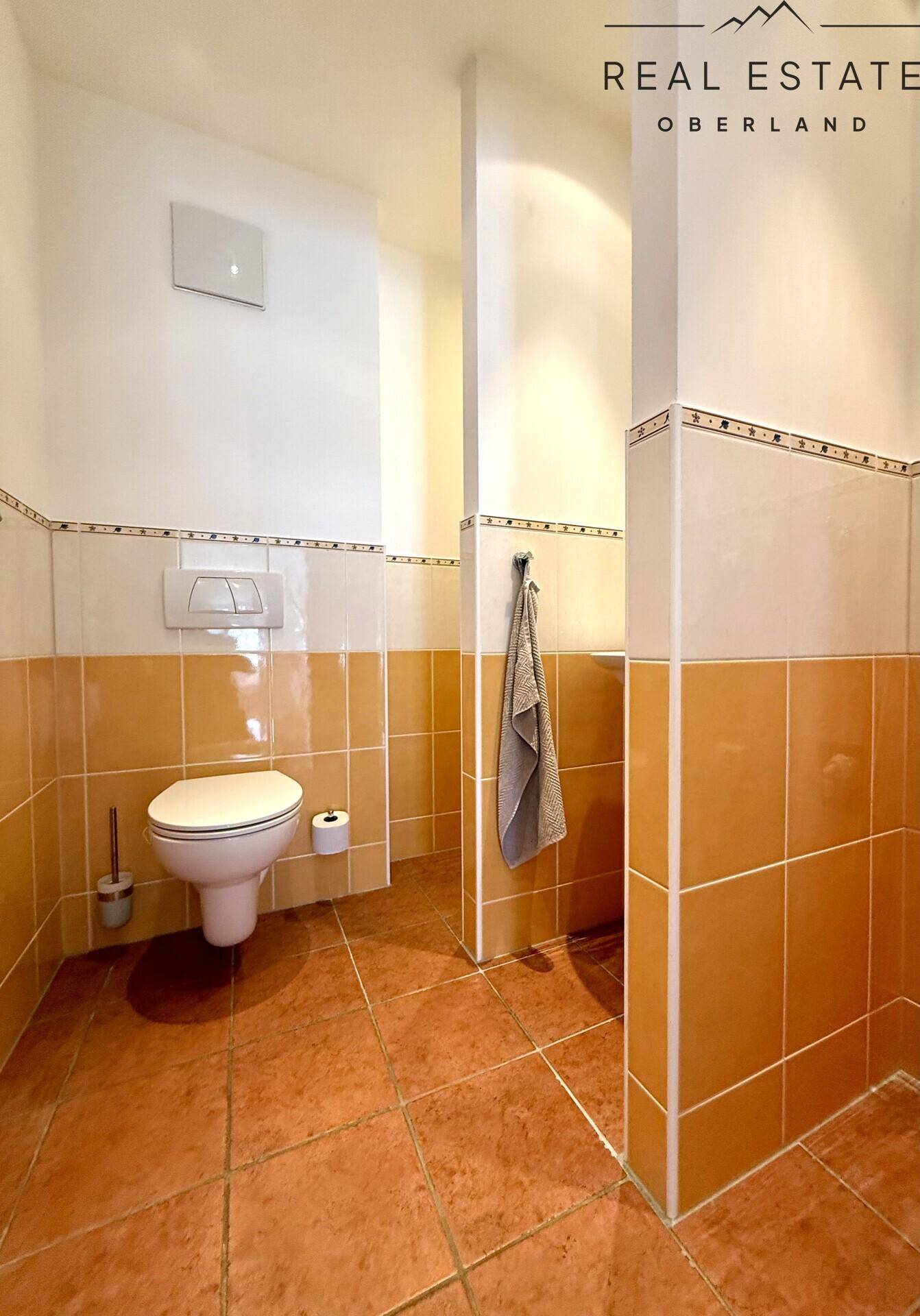 Kleines Gäste-WC mit Terrakotta-Fliesen und einer modernen Toilette, funktional und sauber.