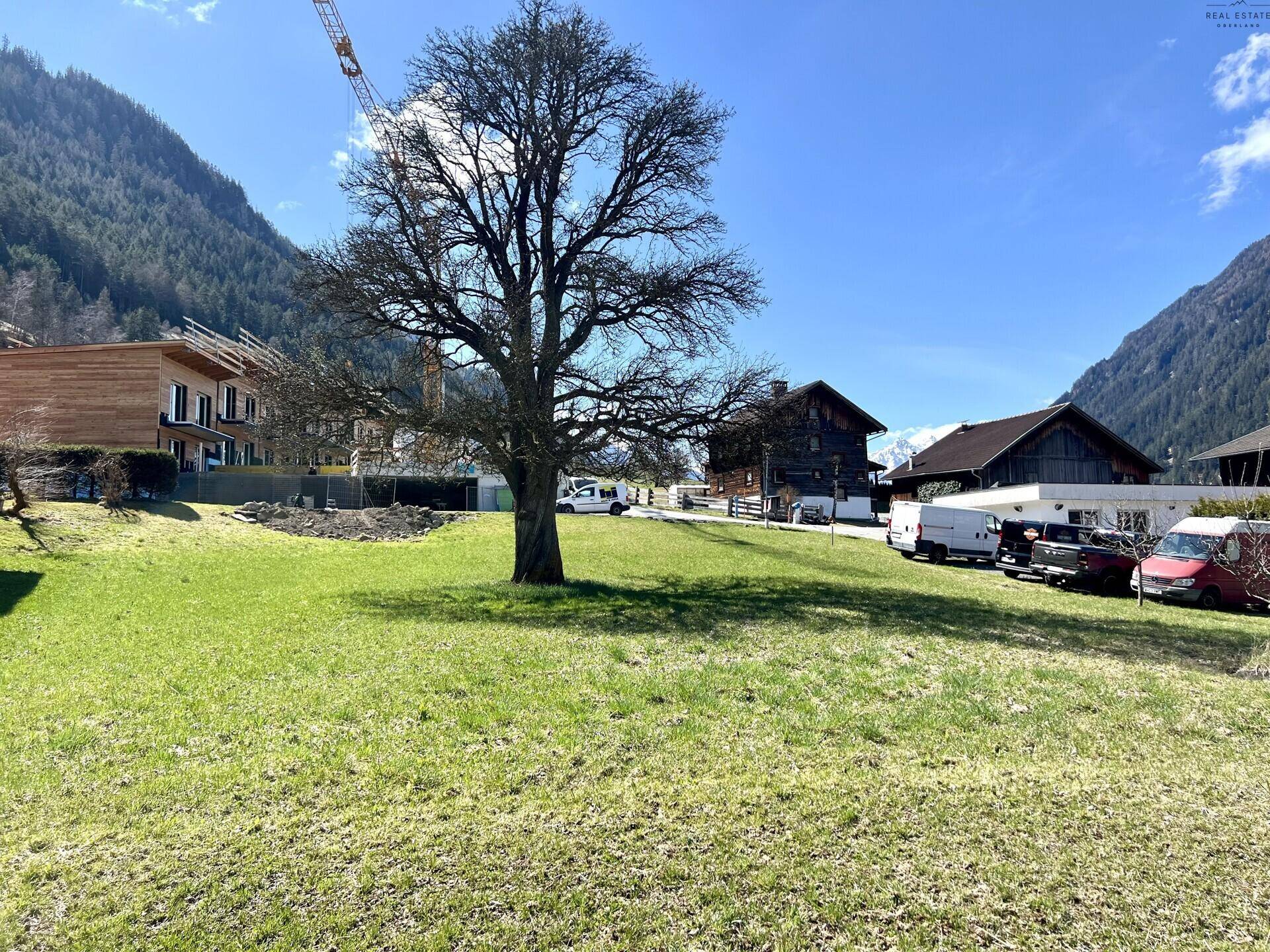 Weitläufige Grünfläche mit altem Baum, umgeben von traditionellen und neuen Gebäuden vor Bergkulisse.