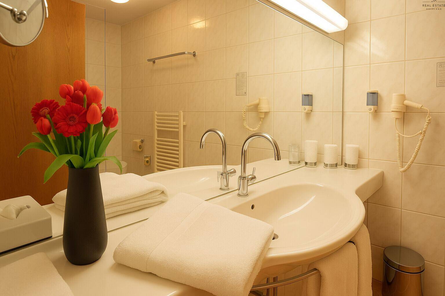 Helles Badezimmer mit Doppelwaschbecken, großem Spiegel und weißen Wandfliesen.