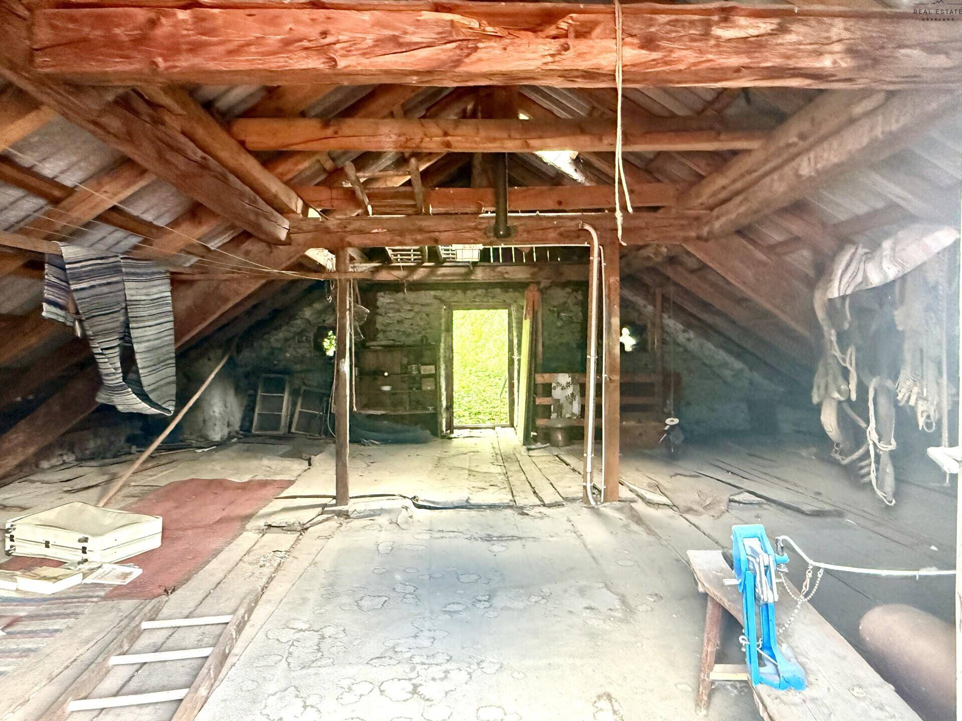 Großer Dachboden mit offener Holzkonstruktion und Blick auf den Eingangsbereich.