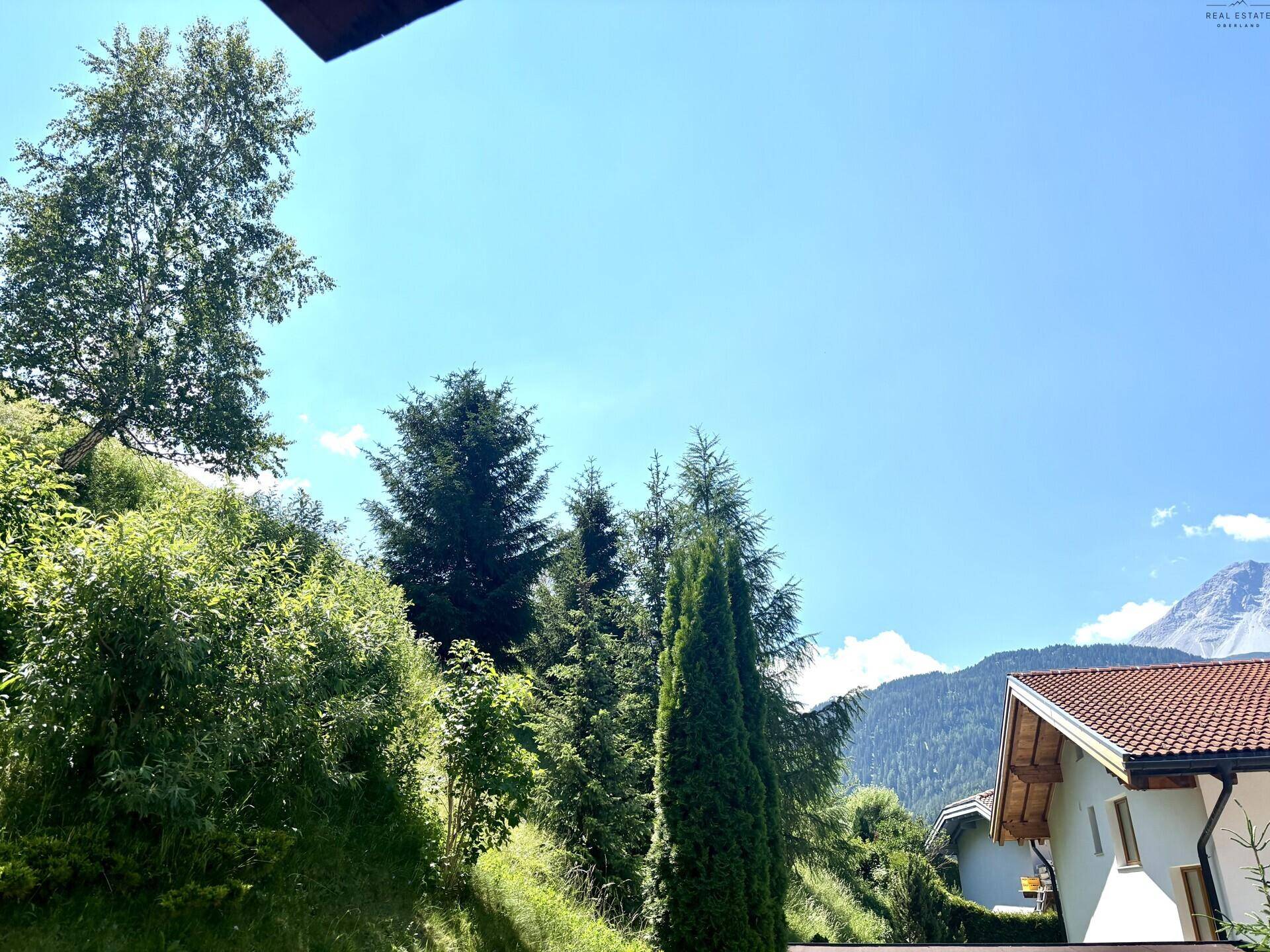 Grüne Hügellandschaft mit hohen Bäumen und einem Teil des Daches eines benachbarten Hauses.