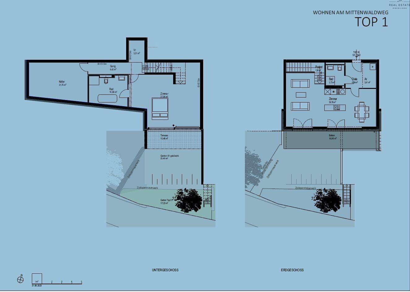 Grundriss für eine Wohnung im Untergeschoss und Erdgeschoss mit Terrasse und Garten.