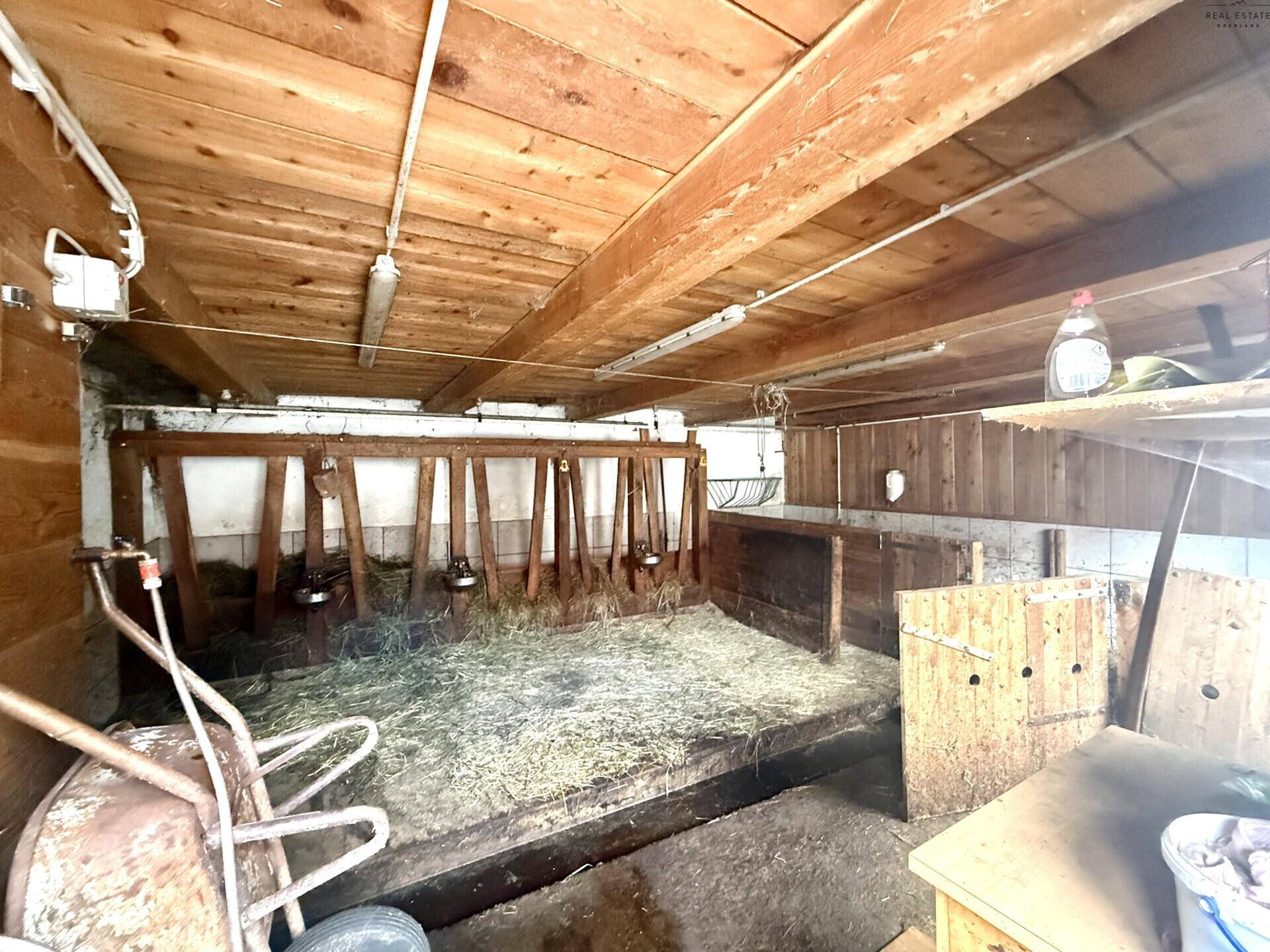 Alter Stallbereich mit Futterkrippen und Heu auf dem Boden, bereit zur Sanierung.