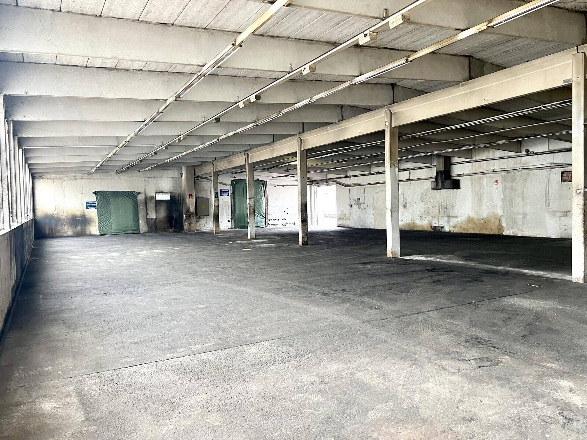 Große, leere Industriehalle mit Betonboden, hohen Decken und vielen tragenden Stützpfeilern.