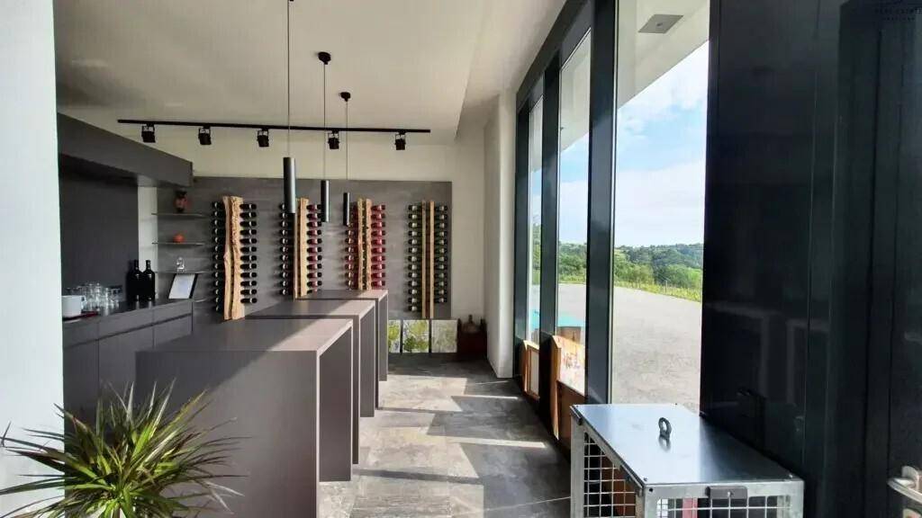 Moderner Verkostungsraum oder Barbereich mit Weinregalen, dunklen Theken und großen Fenstern, die eine helle Atmosphäre schaffen.