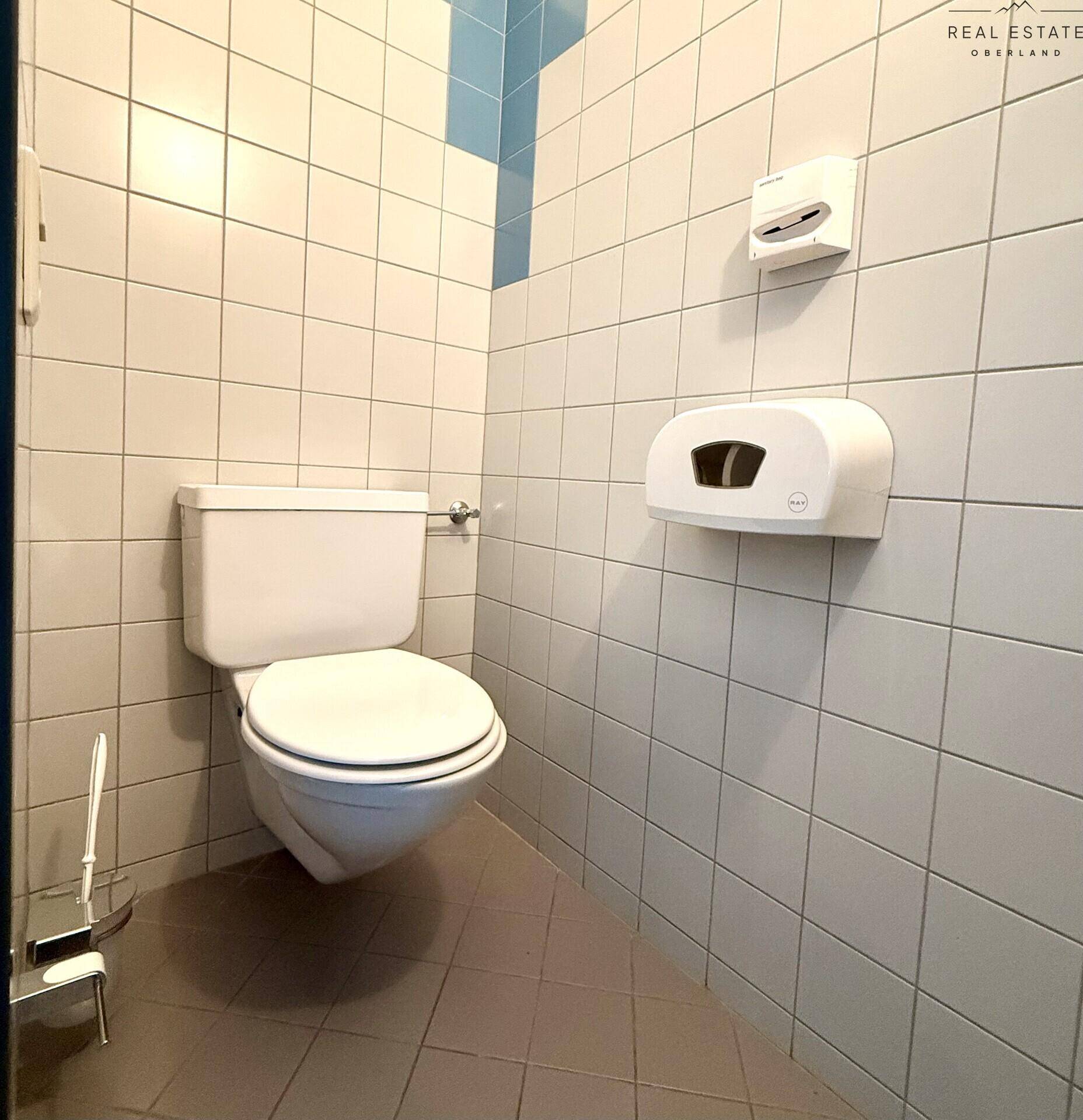Kleines WC mit weißen Fliesen, Wand-WC und einfacher Ausstattung.
