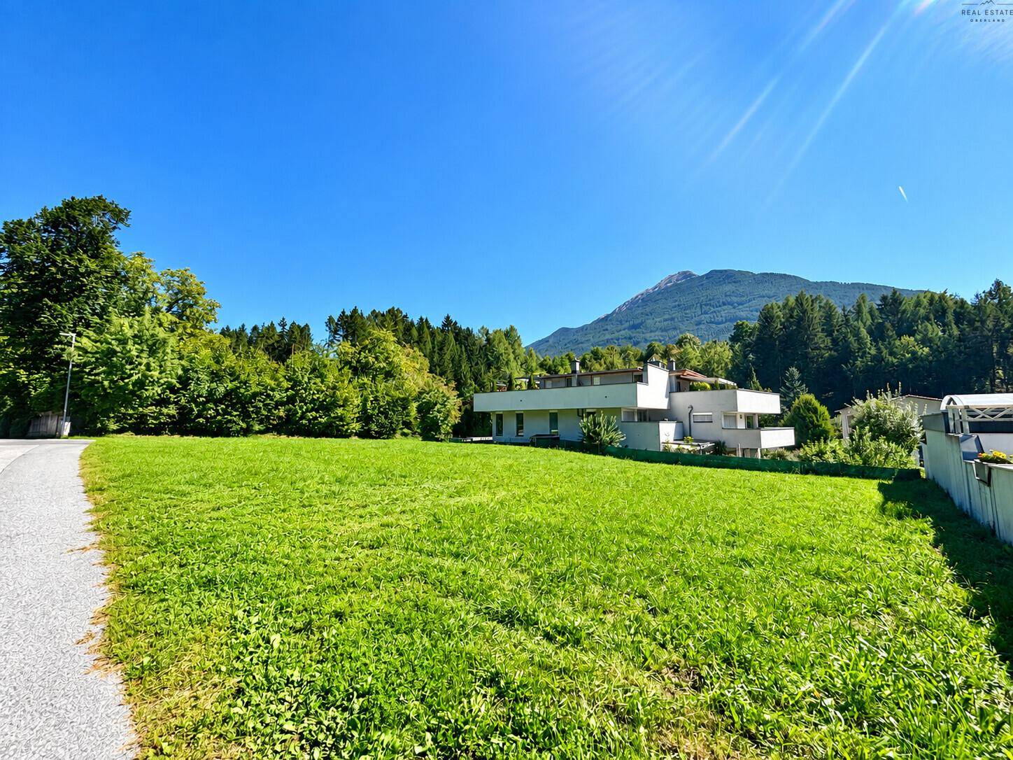 Große Rasenfläche mit Bäumen und einem modernen Gebäude am Horizont.