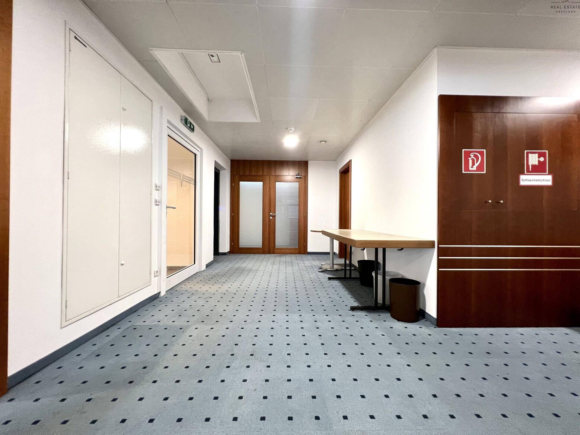 Geräumiger Flur mit Teppichboden, Holztüren und integrierten Schränken an der Wand.