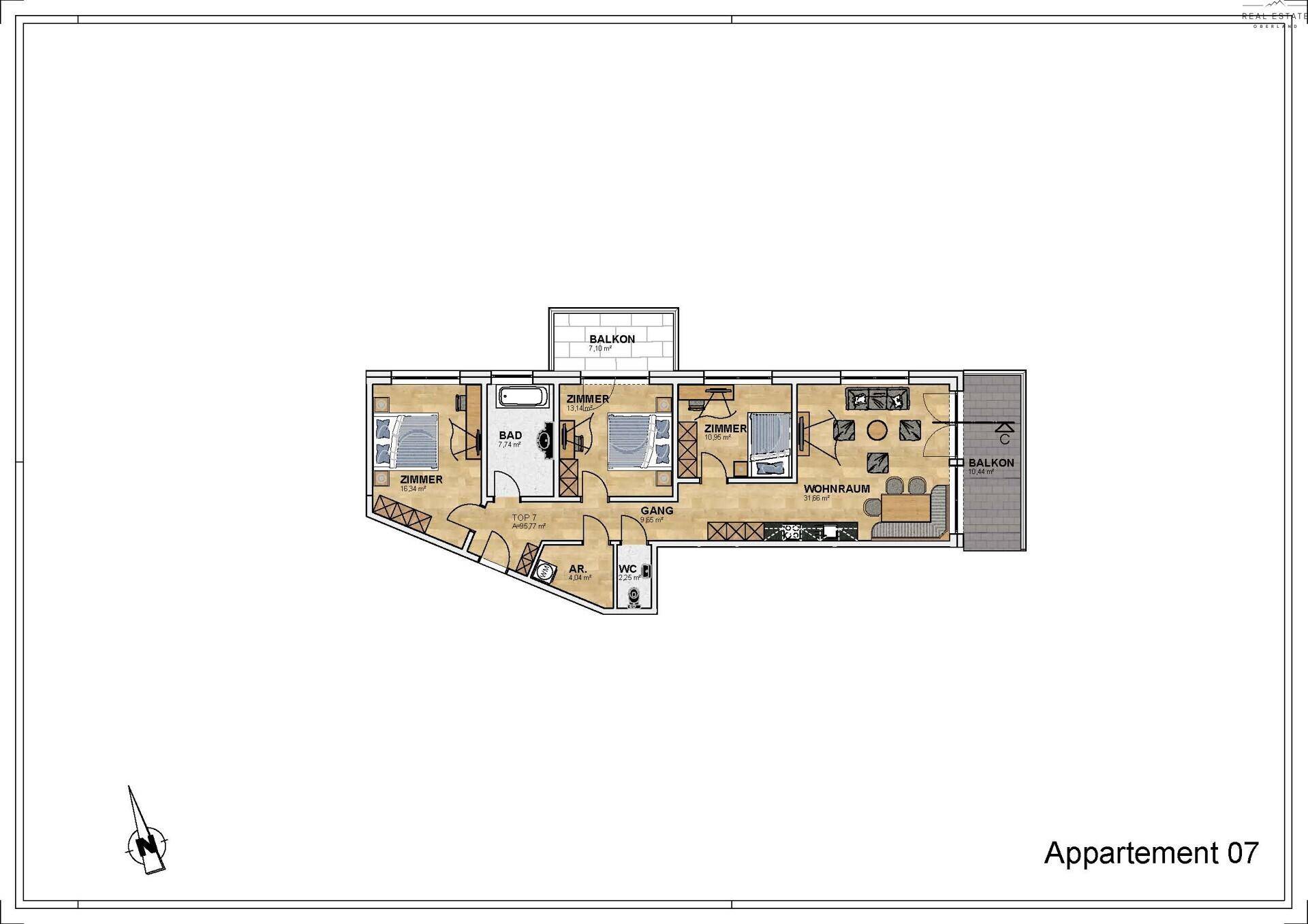 Grundriss des Appartements 07 mit drei Zimmern, Bad, WC und zwei Balkonen.