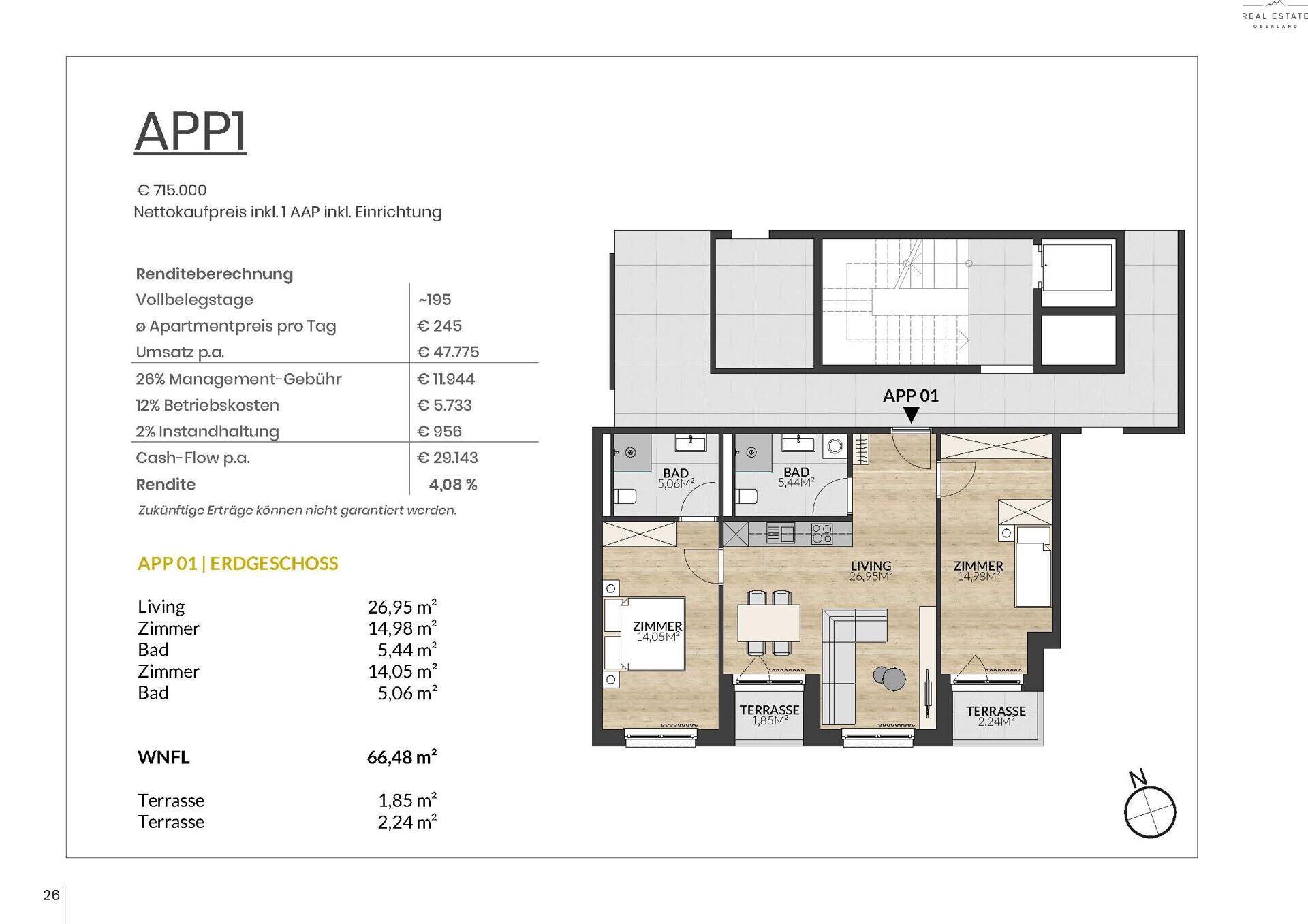 Grundriss der Erdgeschosswohnung APP 01 mit offenem Wohnbereich, zwei Schlafzimmern und zwei Terrassen.