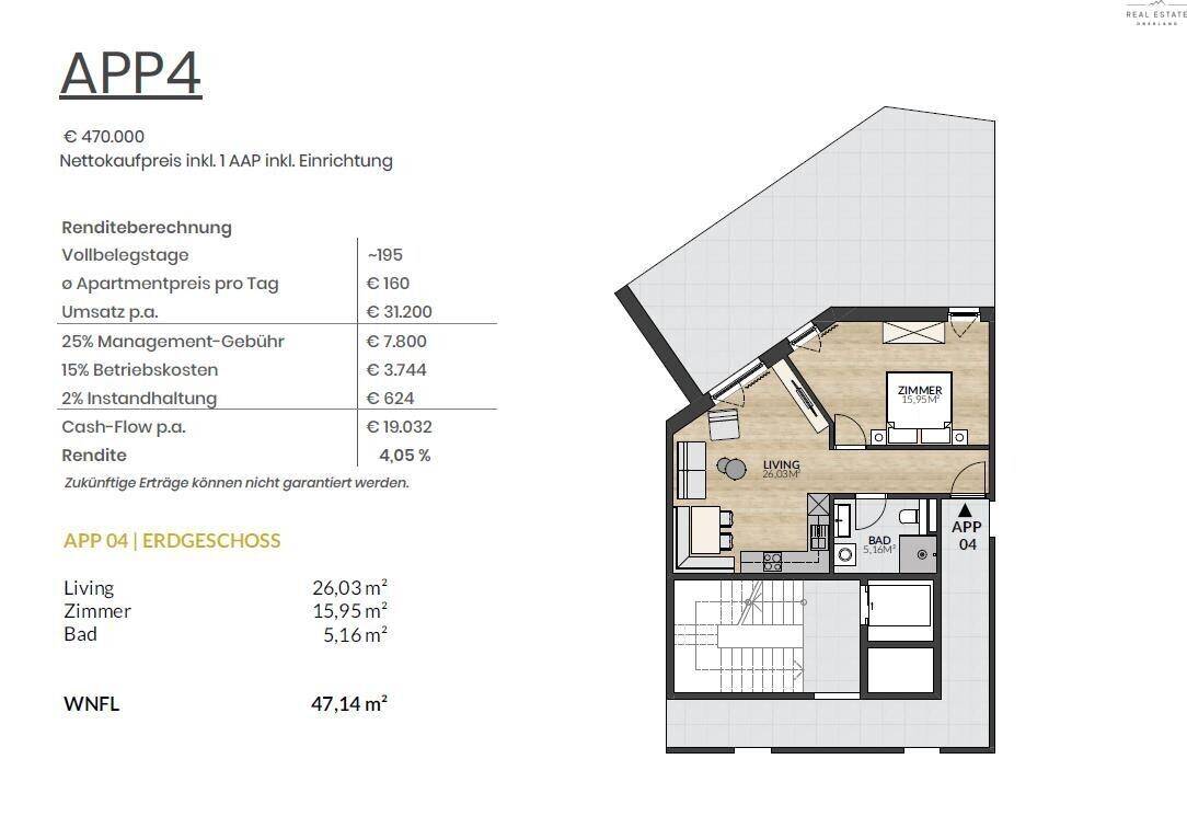 Grundriss der Wohnung APP4 mit Wohn-, Schlaf- und Badezimmer sowie Treppenhaus.