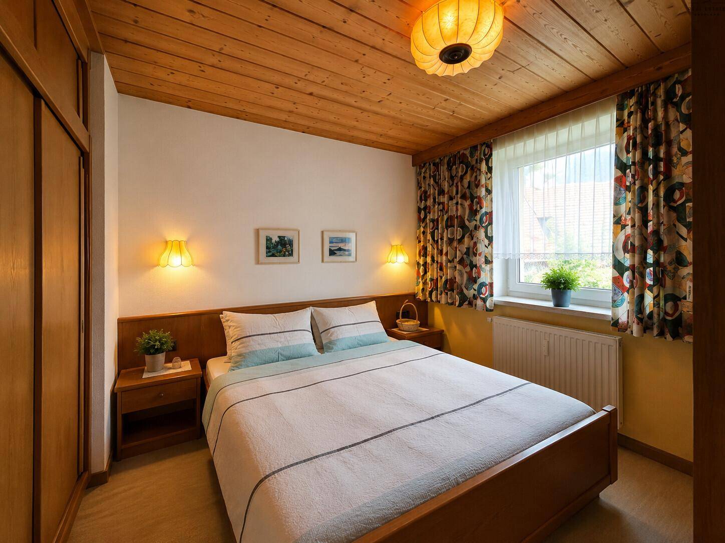 Gemütliches Schlafzimmer mit Holzbett, Holzdecke und farbenfrohen Vorhängen, gut beleuchtet.