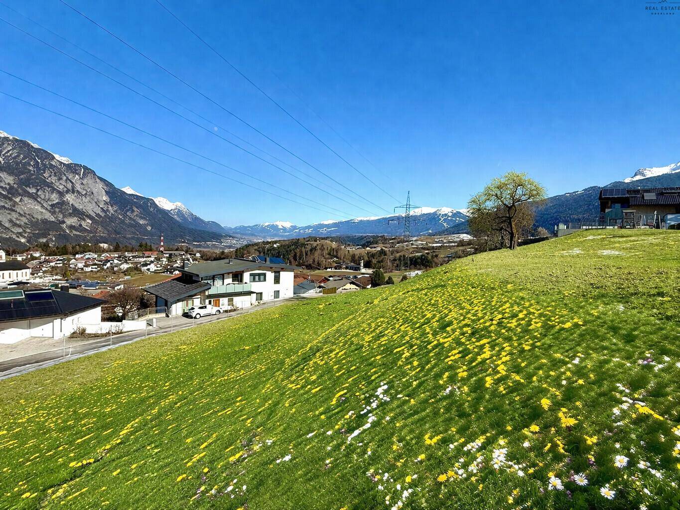 Panoramablick über eine blühende Wiese auf ein Tal mit Siedlung und majestätischen Bergen.