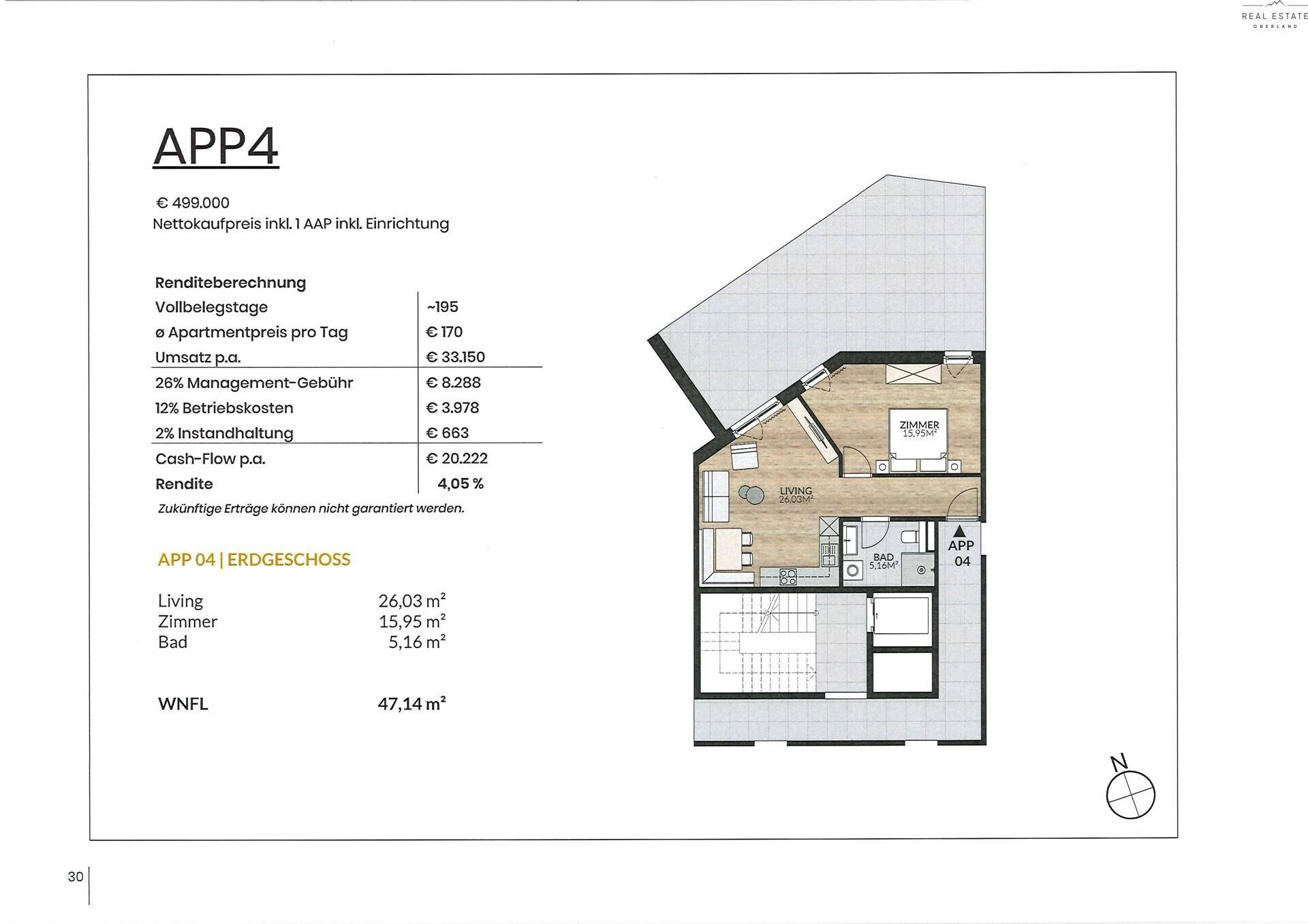 Detaillierter Grundriss der Erdgeschosswohnung APP4 mit offenem Wohnbereich, Schlafzimmer, Bad und Zugang zu einer Terrasse.