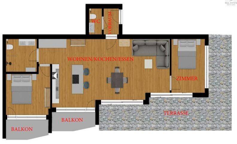 Grundriss einer Wohnung mit offenem Wohnbereich, zwei Schlafzimmern, Balkonen und Terrasse.